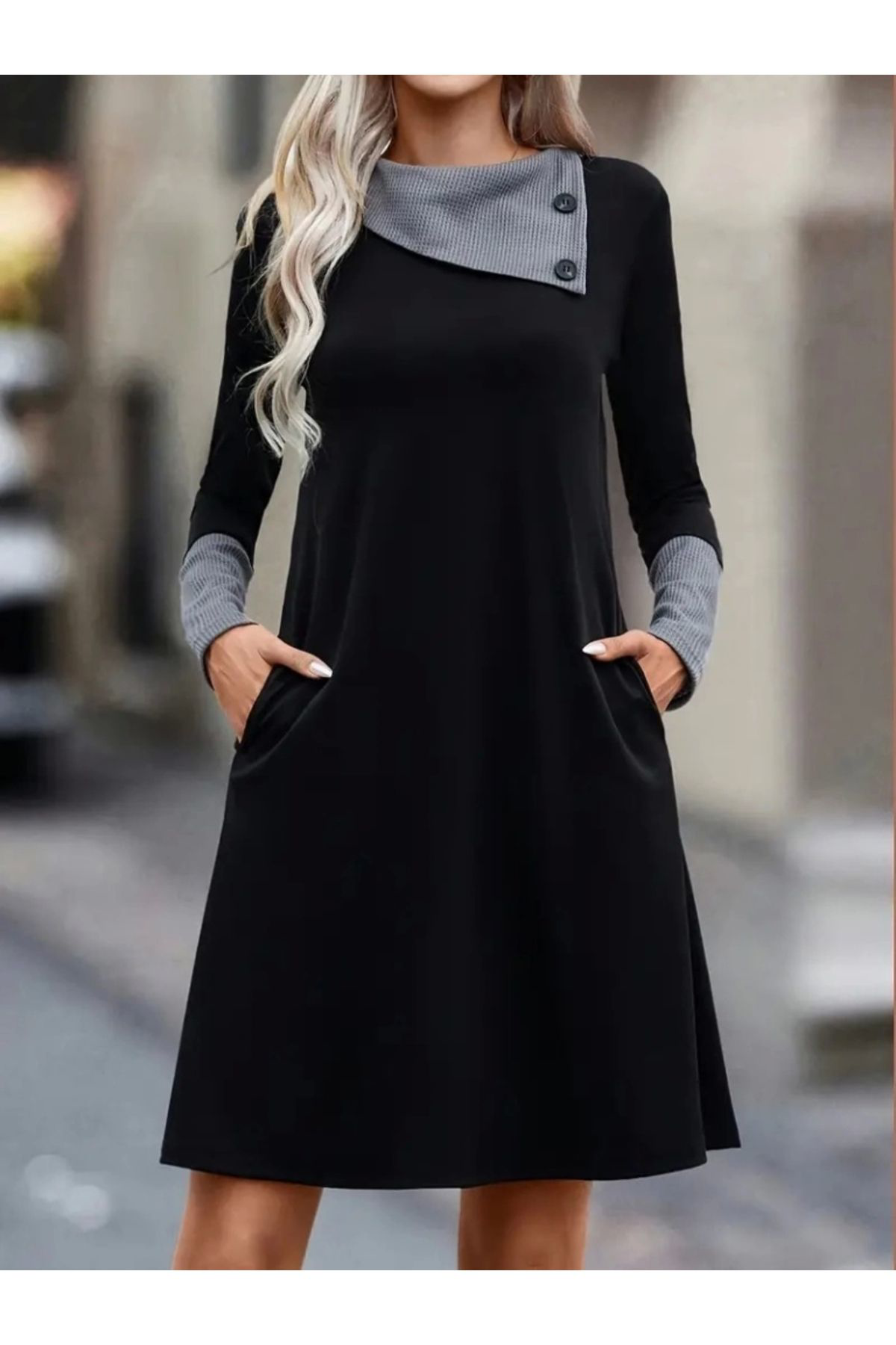 Kadın Uzun Kollu Yakadan Düğmeli Kısa Viskon Iki Iplik Elbise
