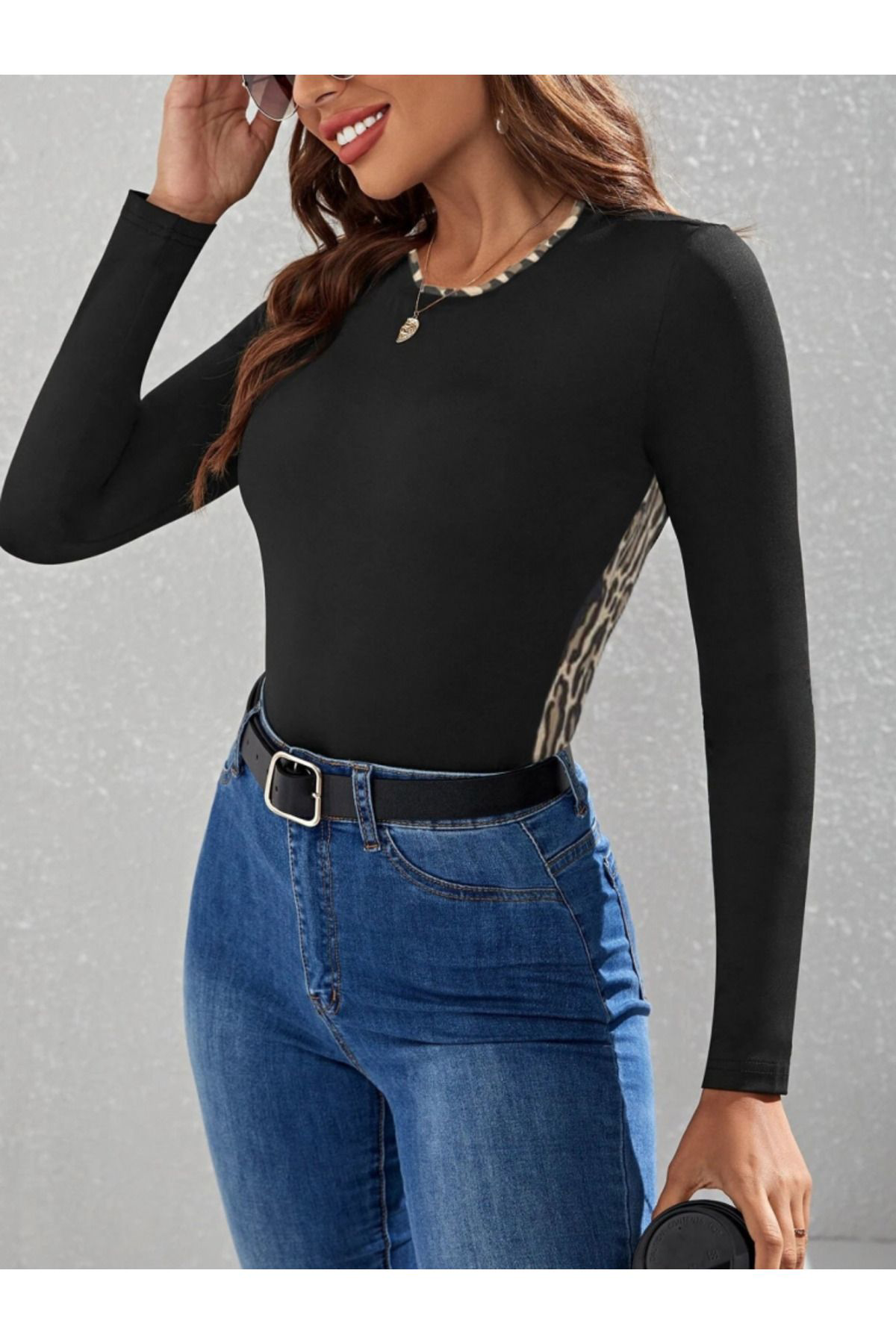 Kadın Uzun Kollu Leopar şeritli Viskon Bluz