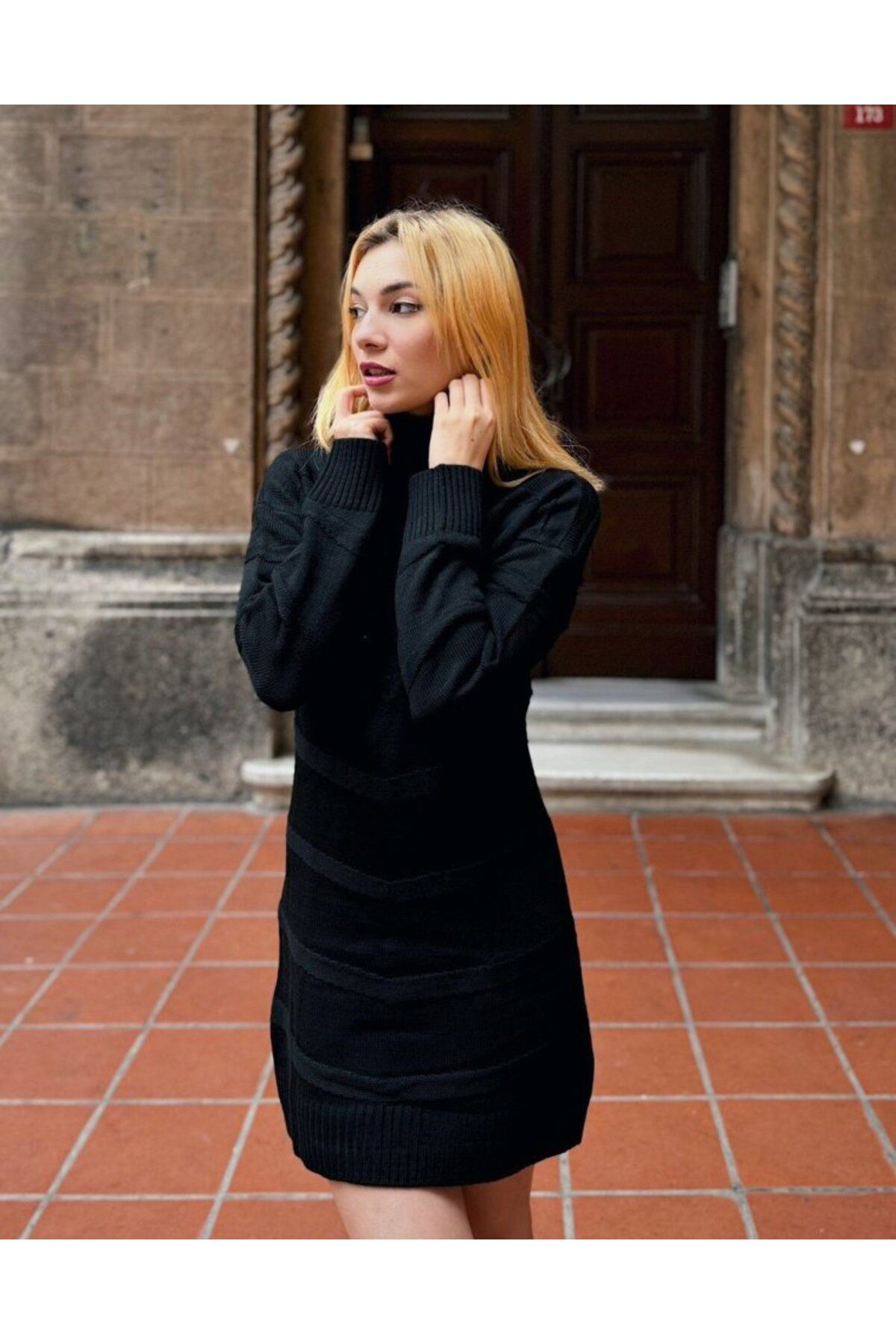 Kadın Uzun Kollu Balıkçı Yaka Triko Mini Boy Elbise