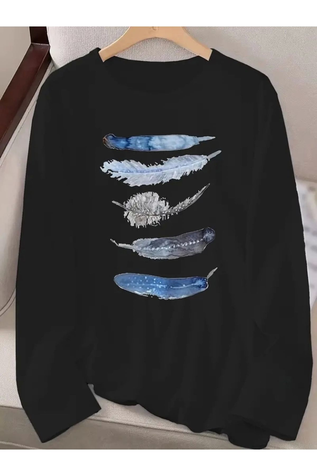 Kadın Uzun Kollu Bisiklet Yaka Kuş Tüyü Desenli Viskon Bluz