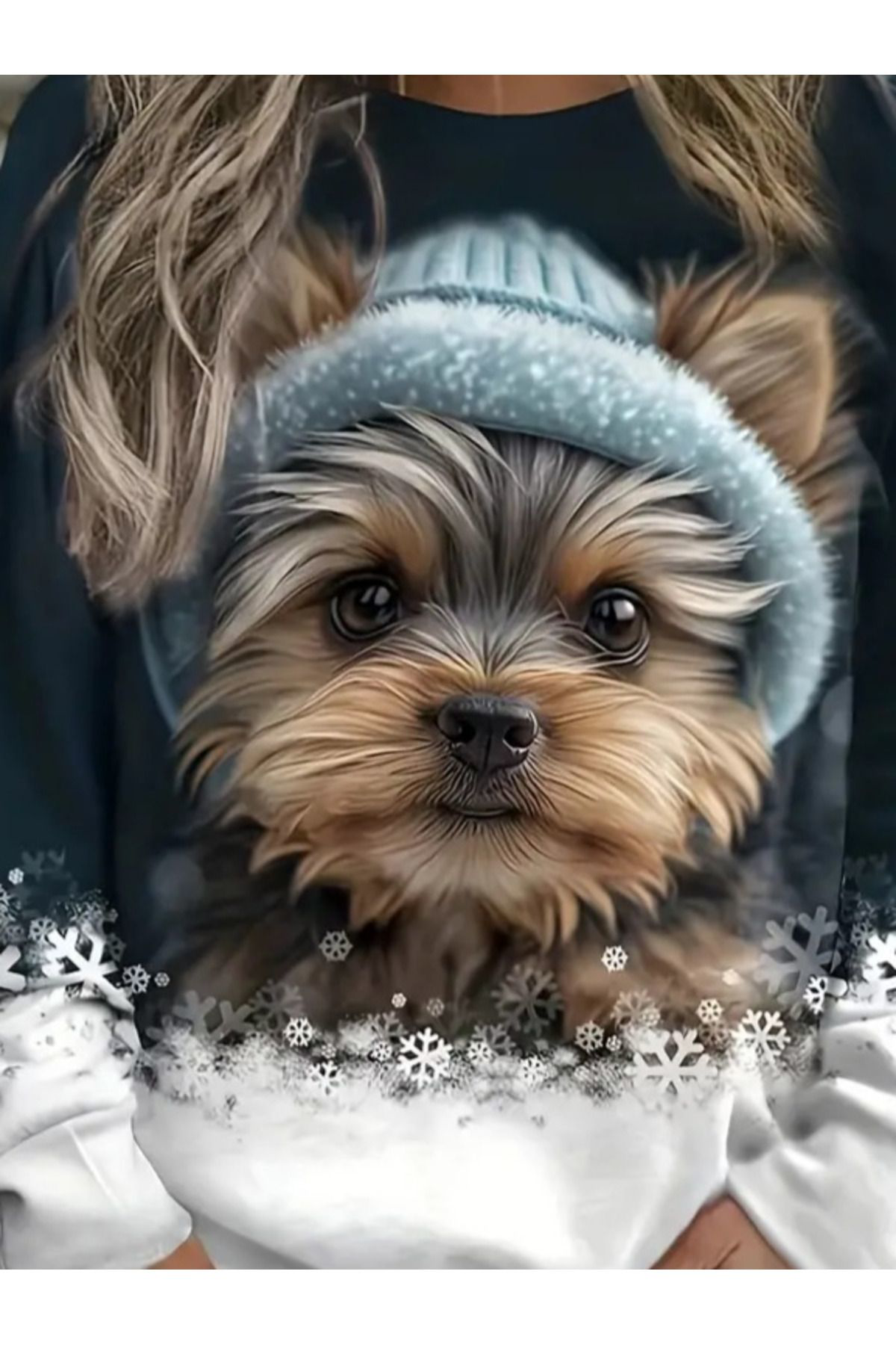 Creis Kadin Uzun Kollu Bisiklet Yaka Köpek Baskili Şardonlu Dalgiç Bluz