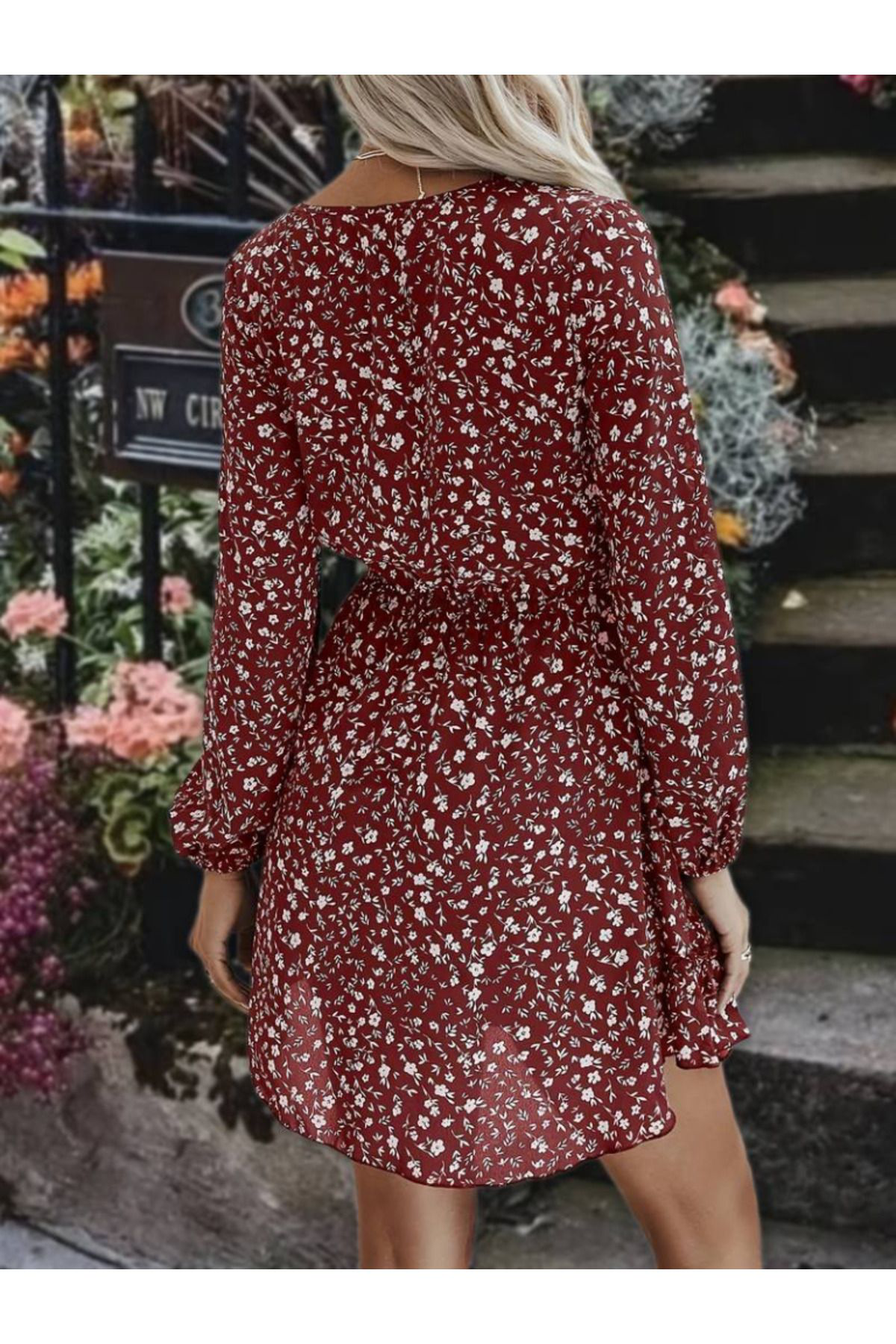 Kadın Uzun Kollu V Yaka Bağcıklı Belden Gipeli çiçek Baskılı Kısa