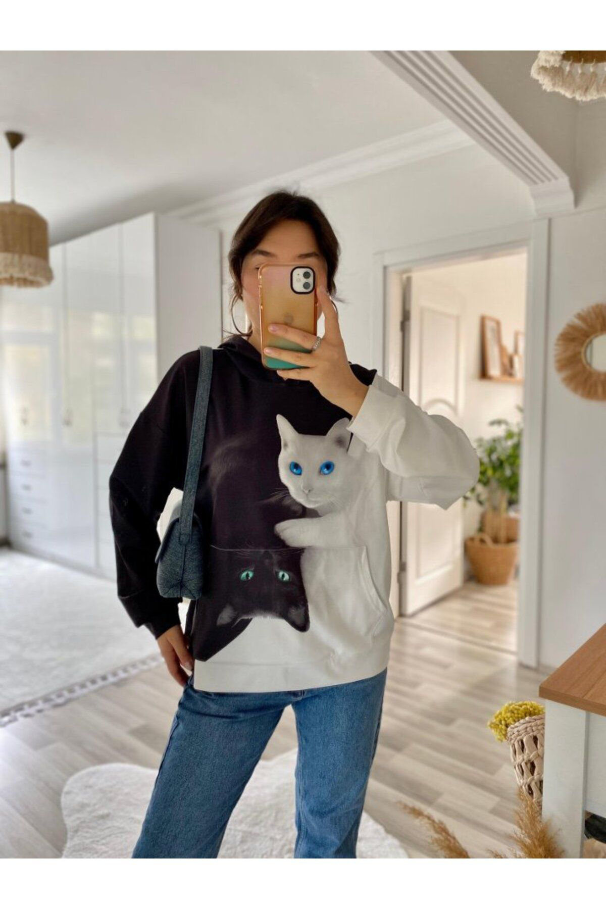 Kadın Uzun Kollu Kapşonlu Bağcıklı Kedi Desenli şardonlu Dalgıç B