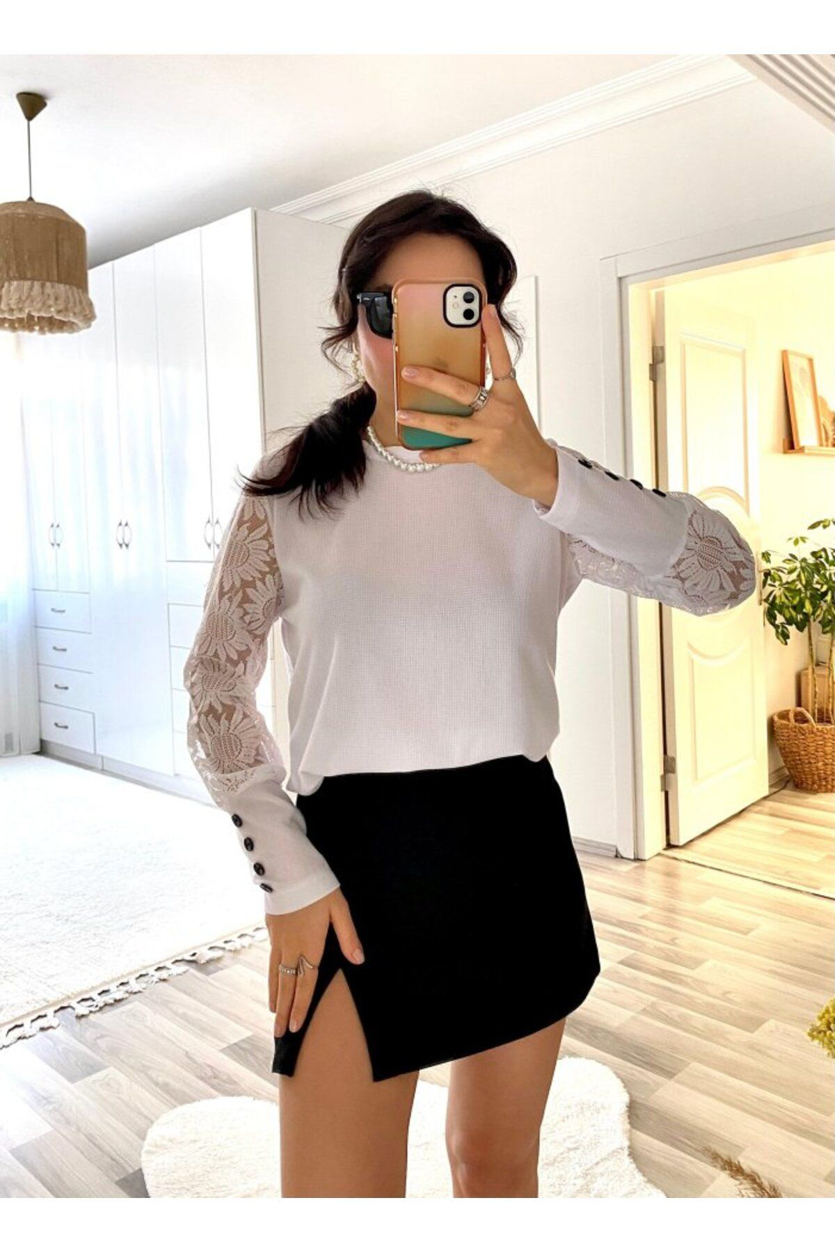 Kadın Uzun Kollu Bisiklet Yaka Kolları çiçekli Waffle Bluz