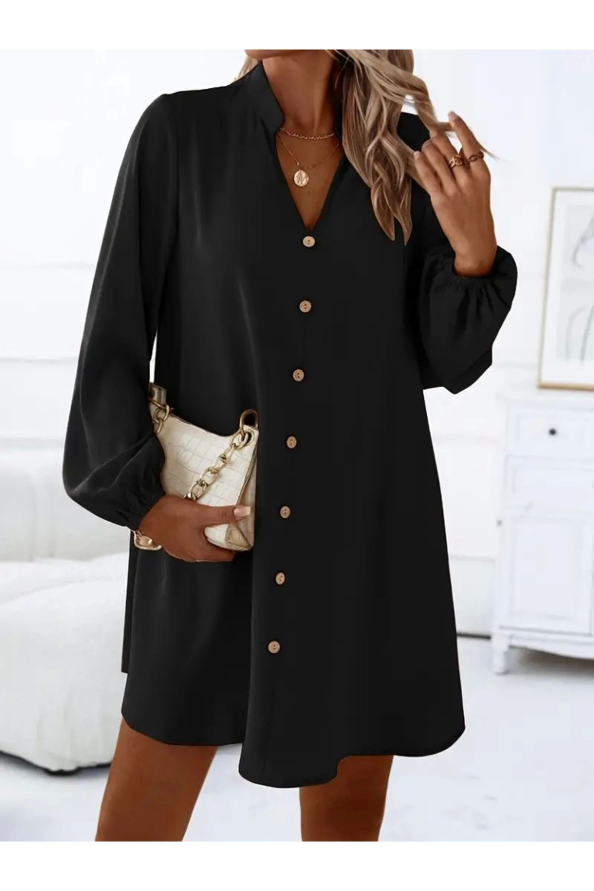 Kadın Uzun Kollu V Yakalı önden Düğmeli Kısa Sandy Elbise