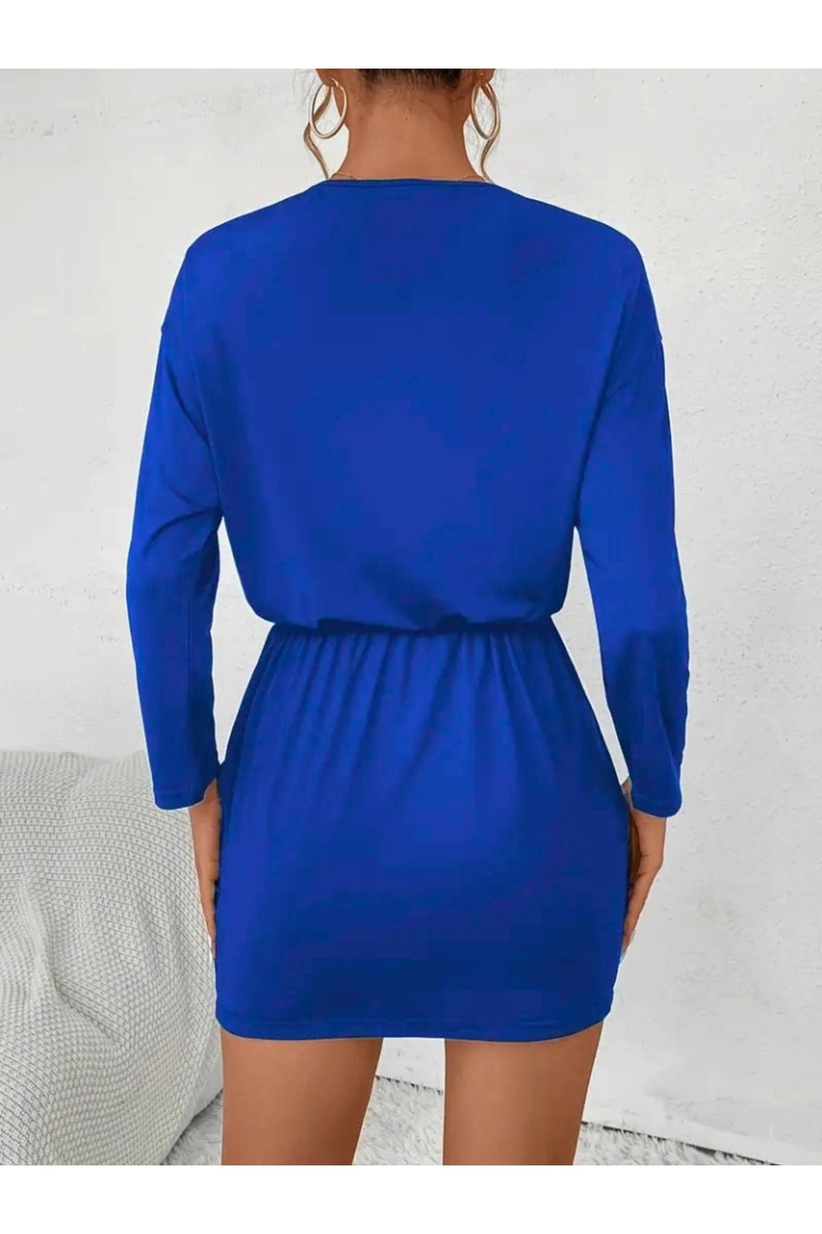 Kadın Uzun Kollu önden Fermuarlı Beli Bağcıklı Kısa Viskon Iki Ip