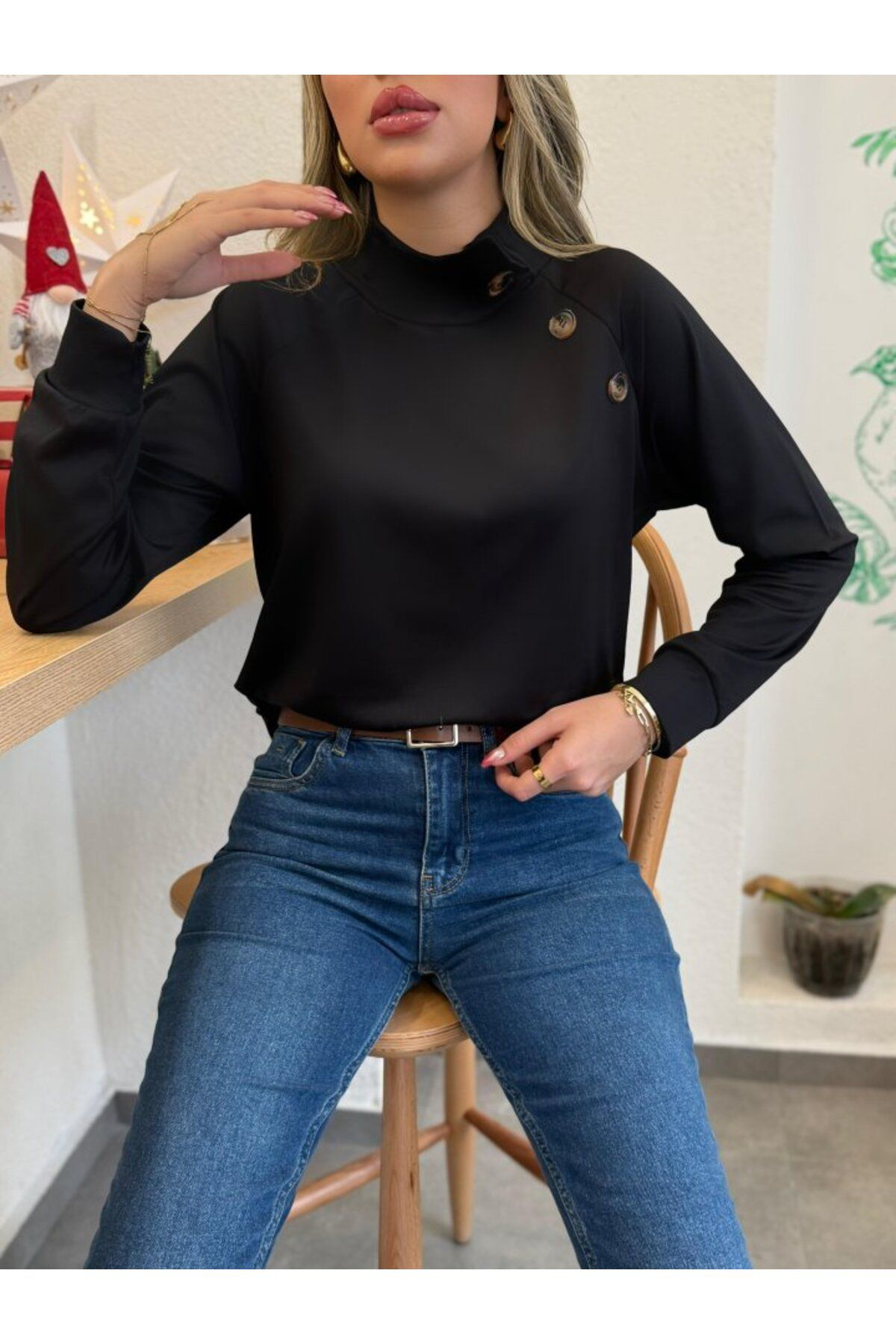 Kadın Uzun Kollu Balıkçı Yaka Düğme Detay şardonlu Dalgıç Bluz