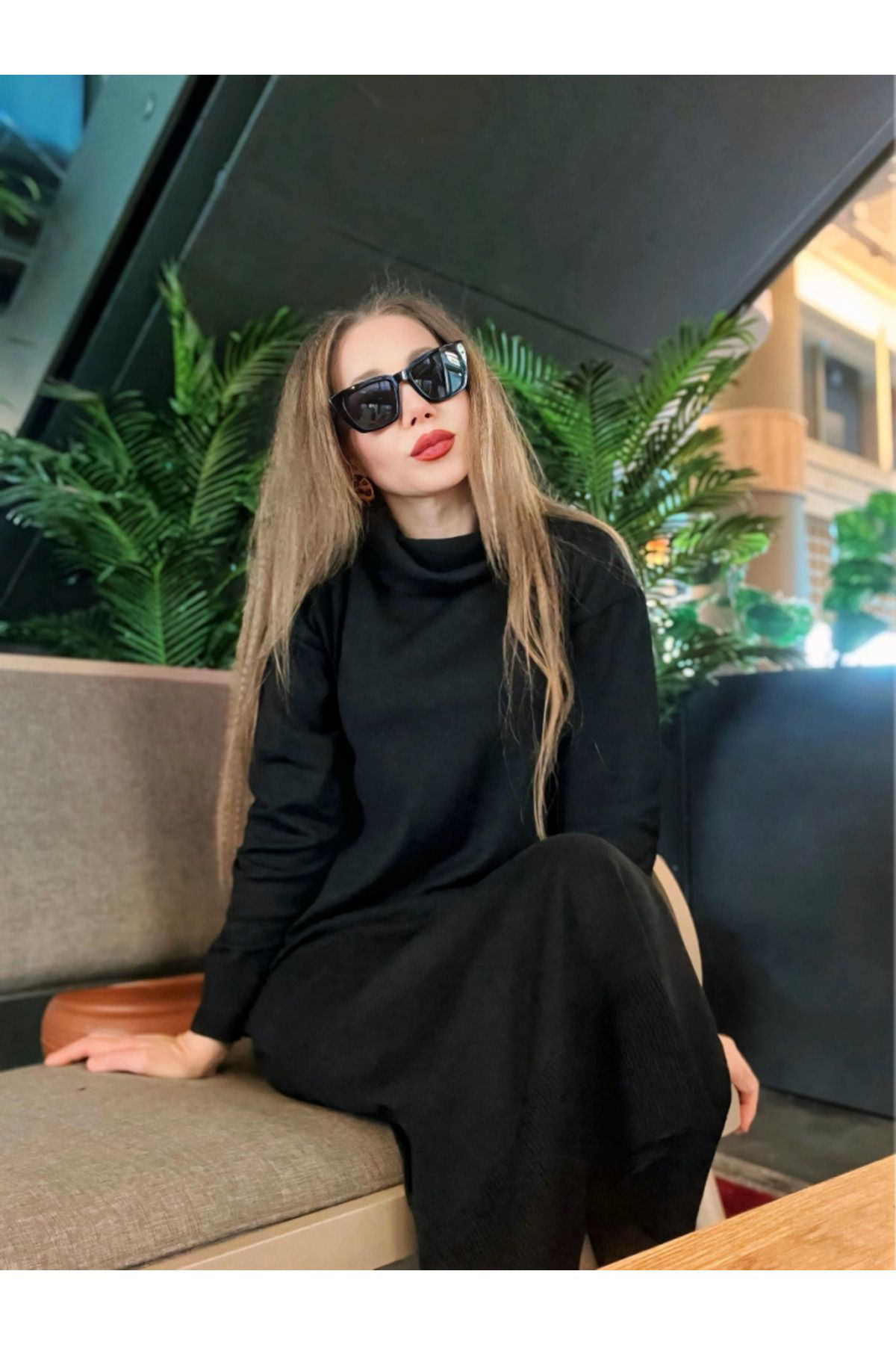 Kadın Uzun Kollu Boğazlı Midi Boy Triko Elbise (kemersiz)