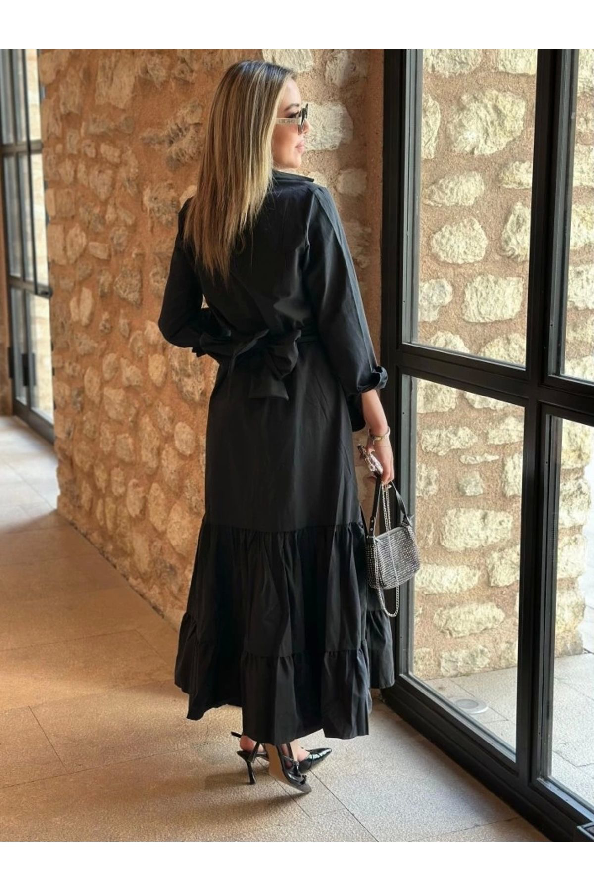 Kadın Uzun Kollu Eteği Fırfırlı Beli Kuşaklı Trikoton Tam Boy Göm