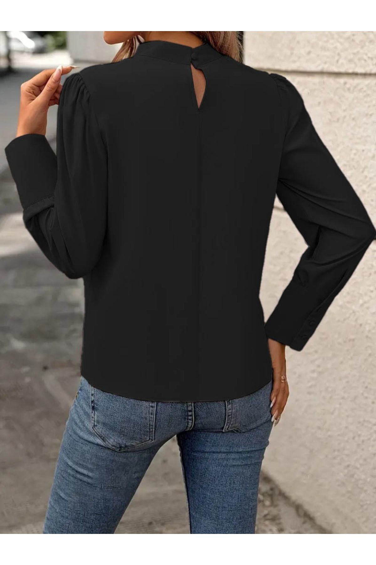 Kadın Uzun Kollu Balıkçı Yaka önden Dikişli Dokuma Bluz