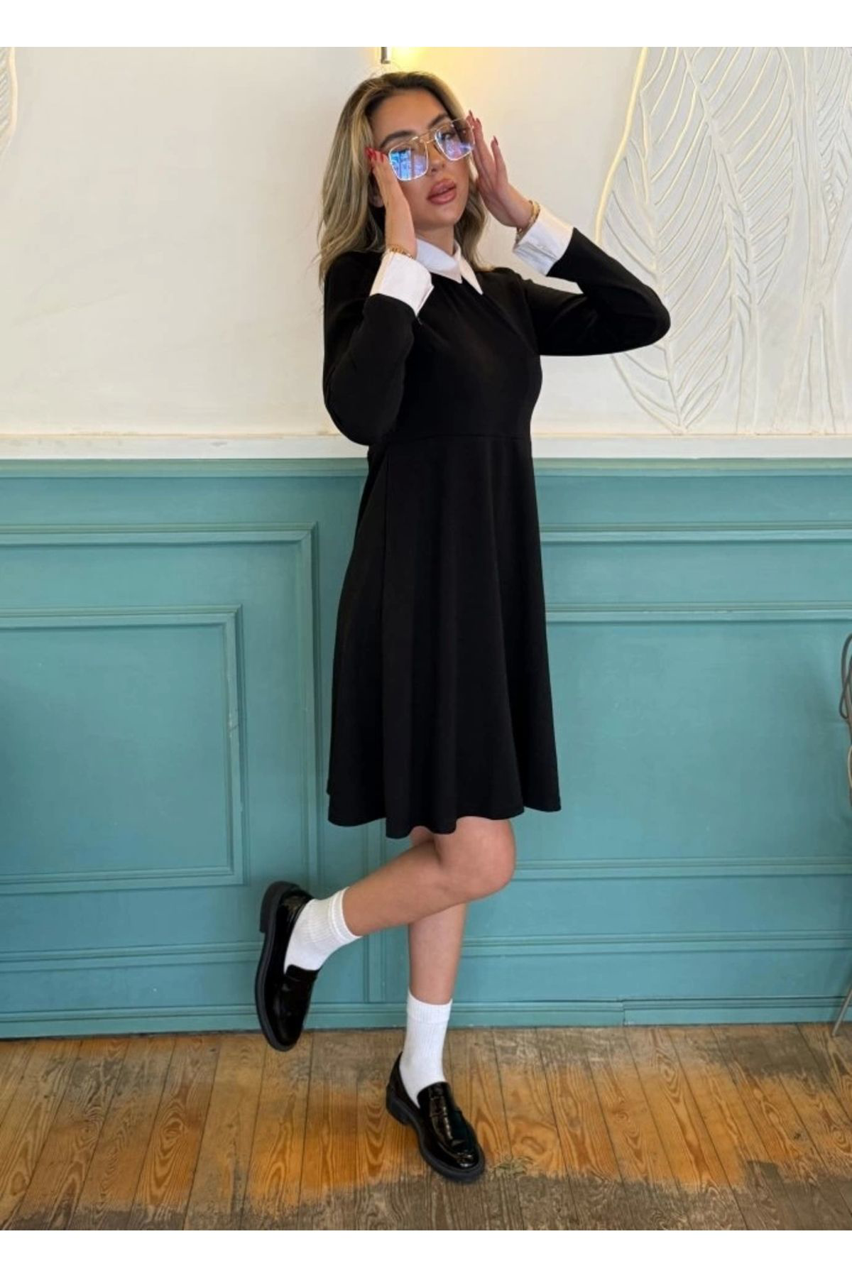 Kadın Uzun Kollu Gömlek Yaka Krep Kumaş Elbise