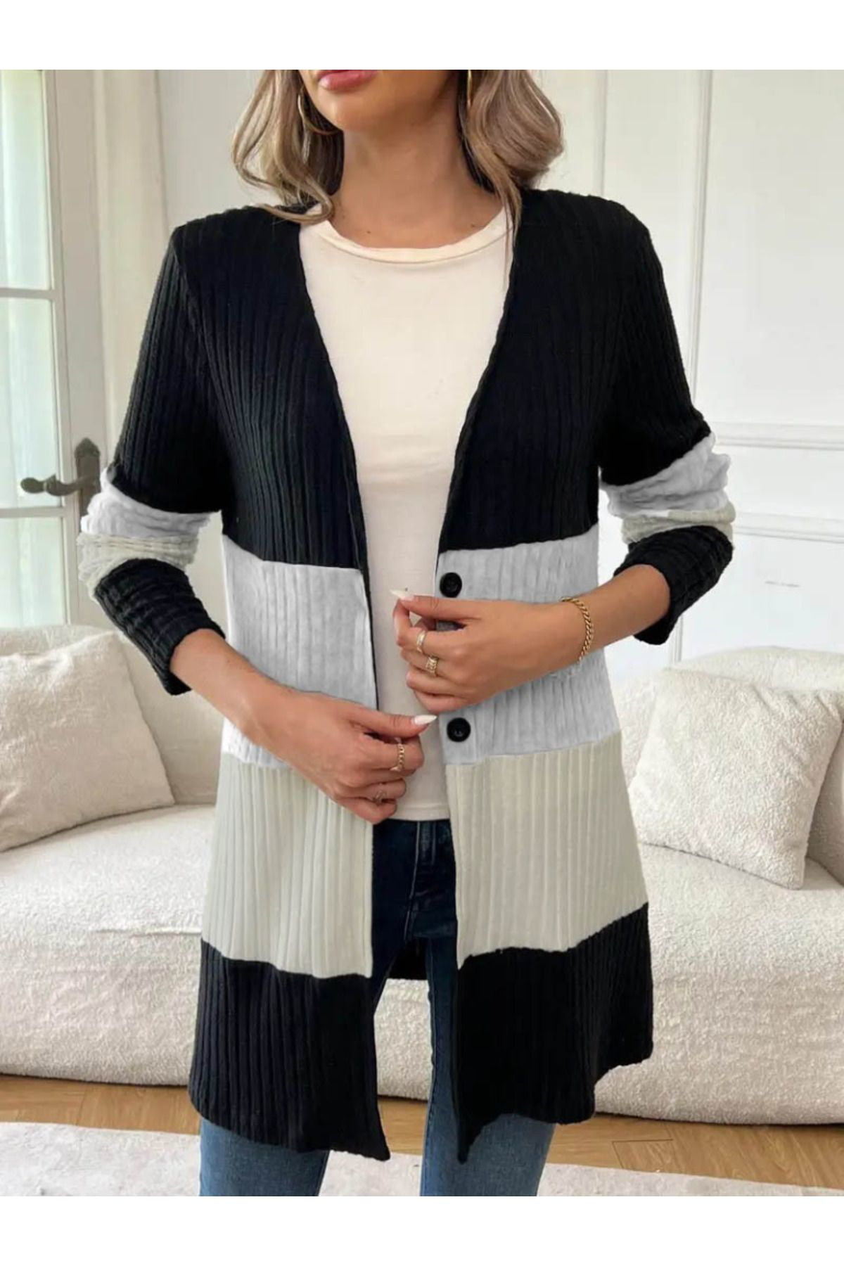 Beste Gürel Kadin Uzun Kollu Çok Renkli Önden Düğmeli Uzun Kişlik Ceket