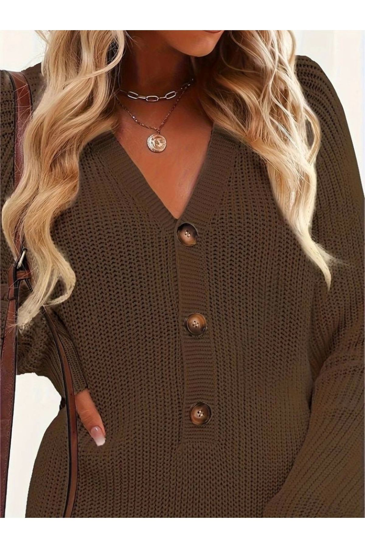 Kadın Uzun Kollu V Yakalı önden Düğmeli Kısa Triko Elbise