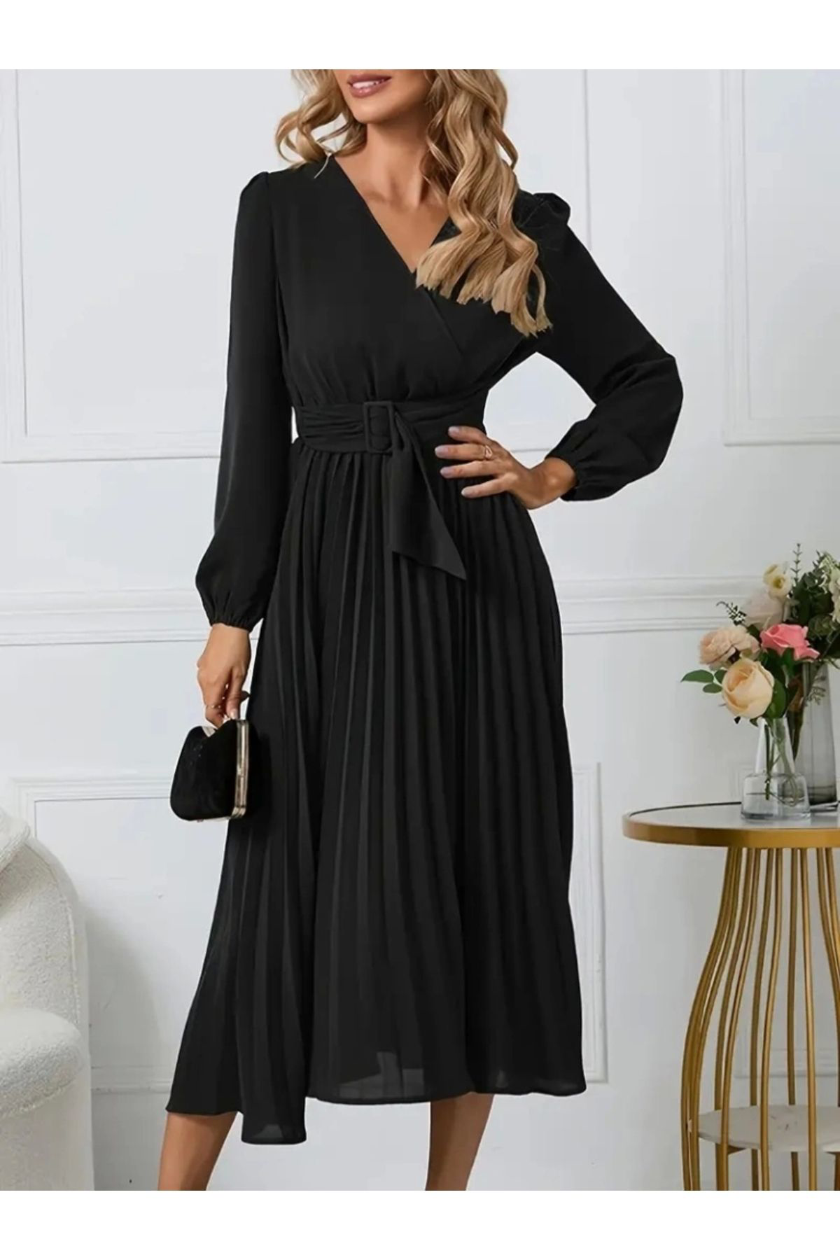 Kadın Uzun Kollu Kruvaze Yaka Belinde Toka Detaylı Pileli Uzun It