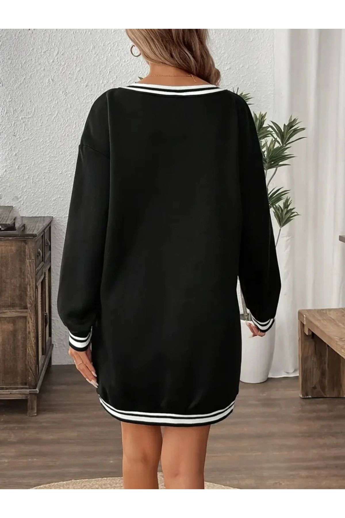 Kadın Uzun Kollu V Yakalı şerit Detaylı Kısa Viskon Iki Iplik Elb