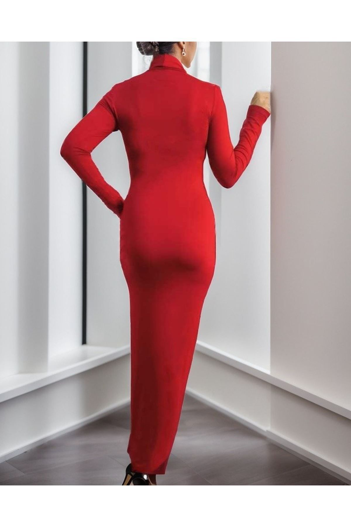 Kadın Uzun Kollu Boğazlı Baskı Detaylı Viskon Tam Boy Elbise