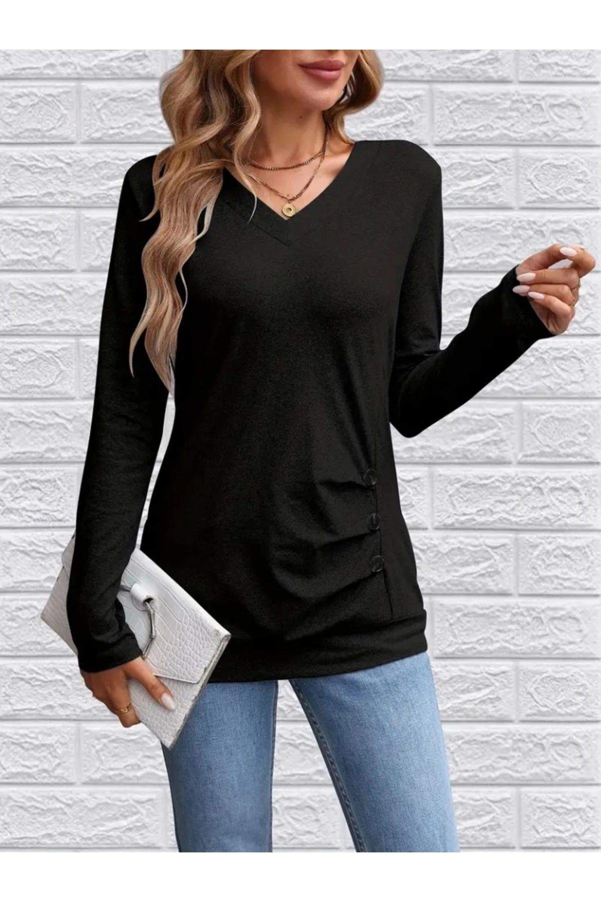 Kadın Uzun Kollu Bisiklet Yaka Viskon Iki Iplik Bluz