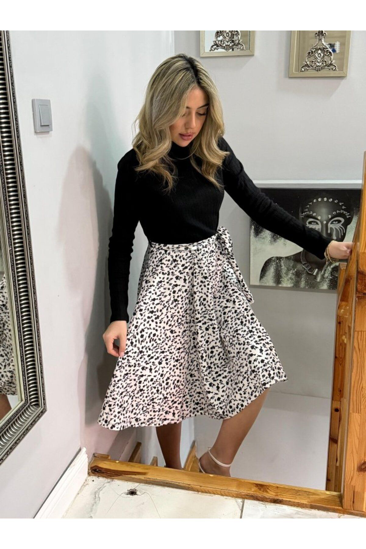 Kadın Uzun Kollu Balıkçı Yaka Belden Bağlamalı üst Kaşkorse Eteği