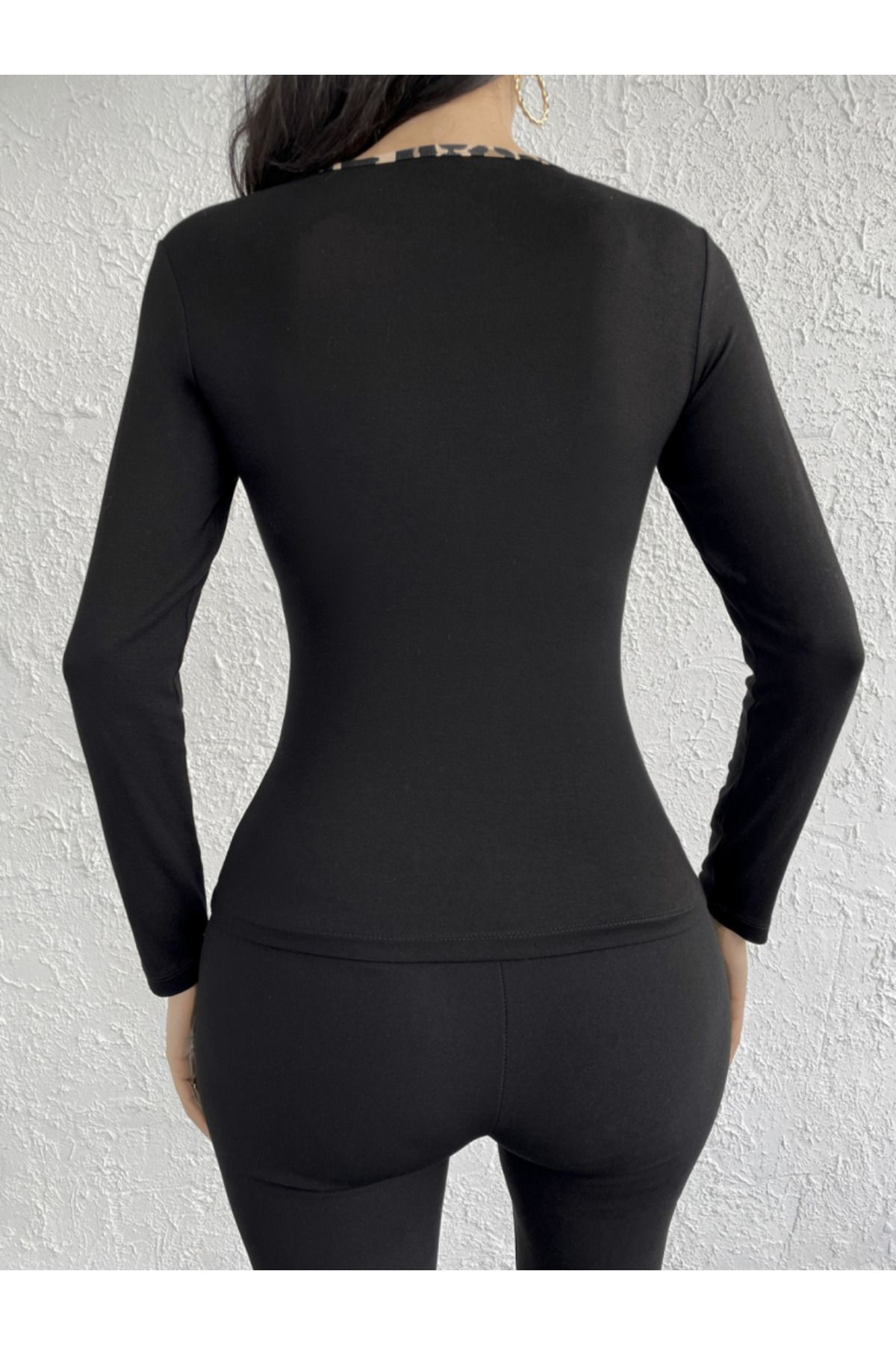 Kadın Uzun Kollu Leopar şeritli Viskon Bluz