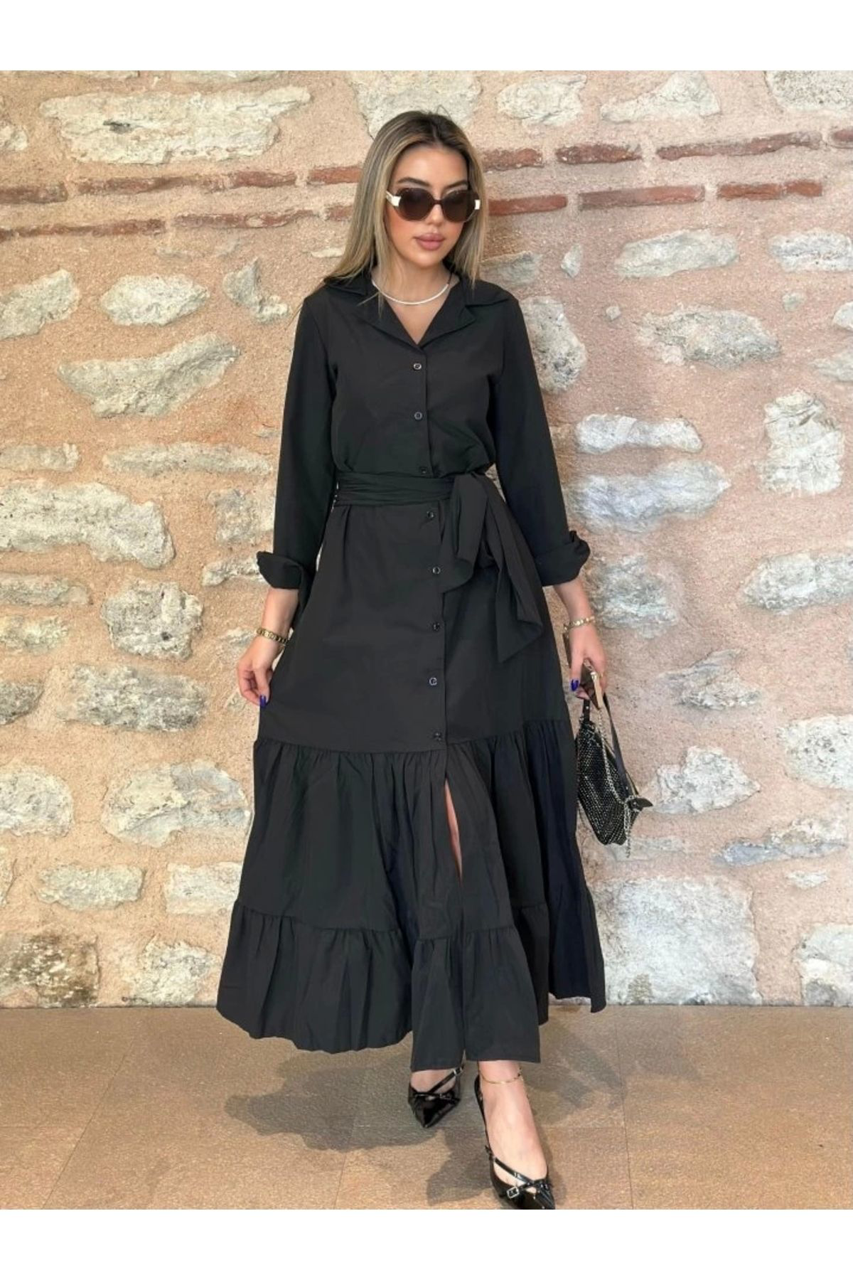 Kadın Uzun Kollu Eteği Fırfırlı Beli Kuşaklı Trikoton Tam Boy Göm