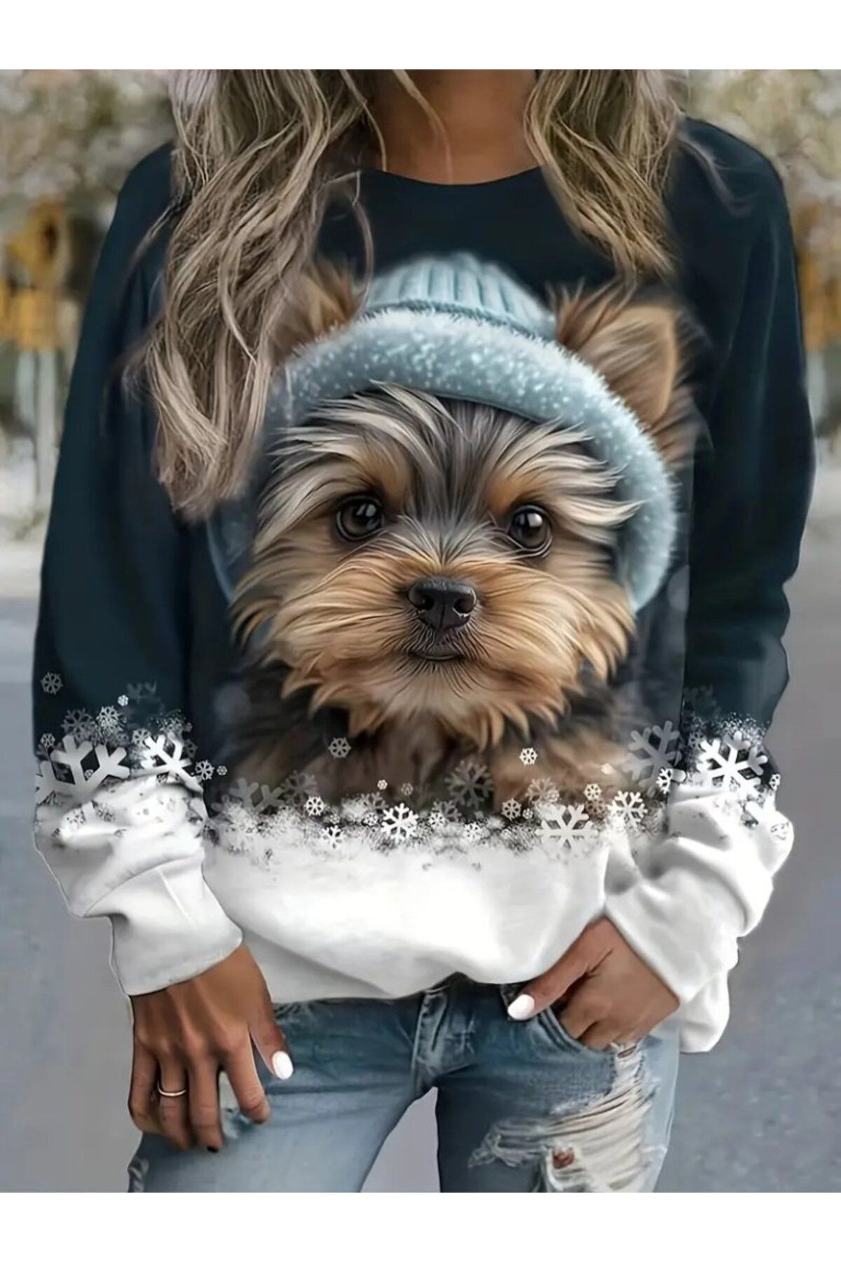Creis Kadin Uzun Kollu Bisiklet Yaka Köpek Baskili Şardonlu Dalgiç Bluz
