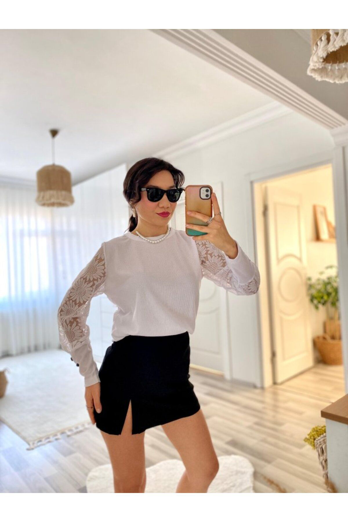 Kadın Uzun Kollu Bisiklet Yaka Kolları çiçekli Waffle Bluz