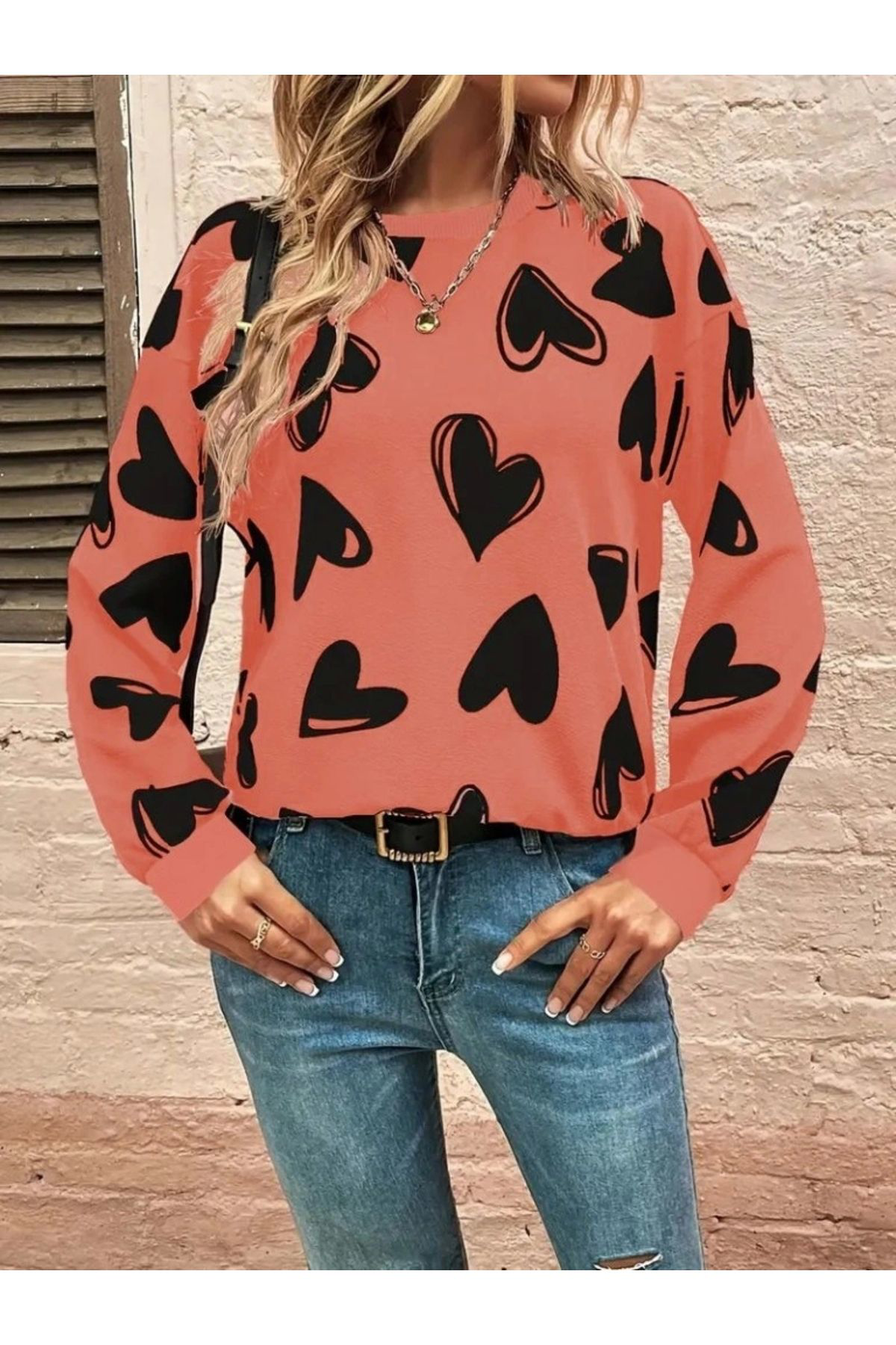 Kadın Uzun Kollu Bisiklet Yaka Kalp Desenli Iki Iplik Bluz