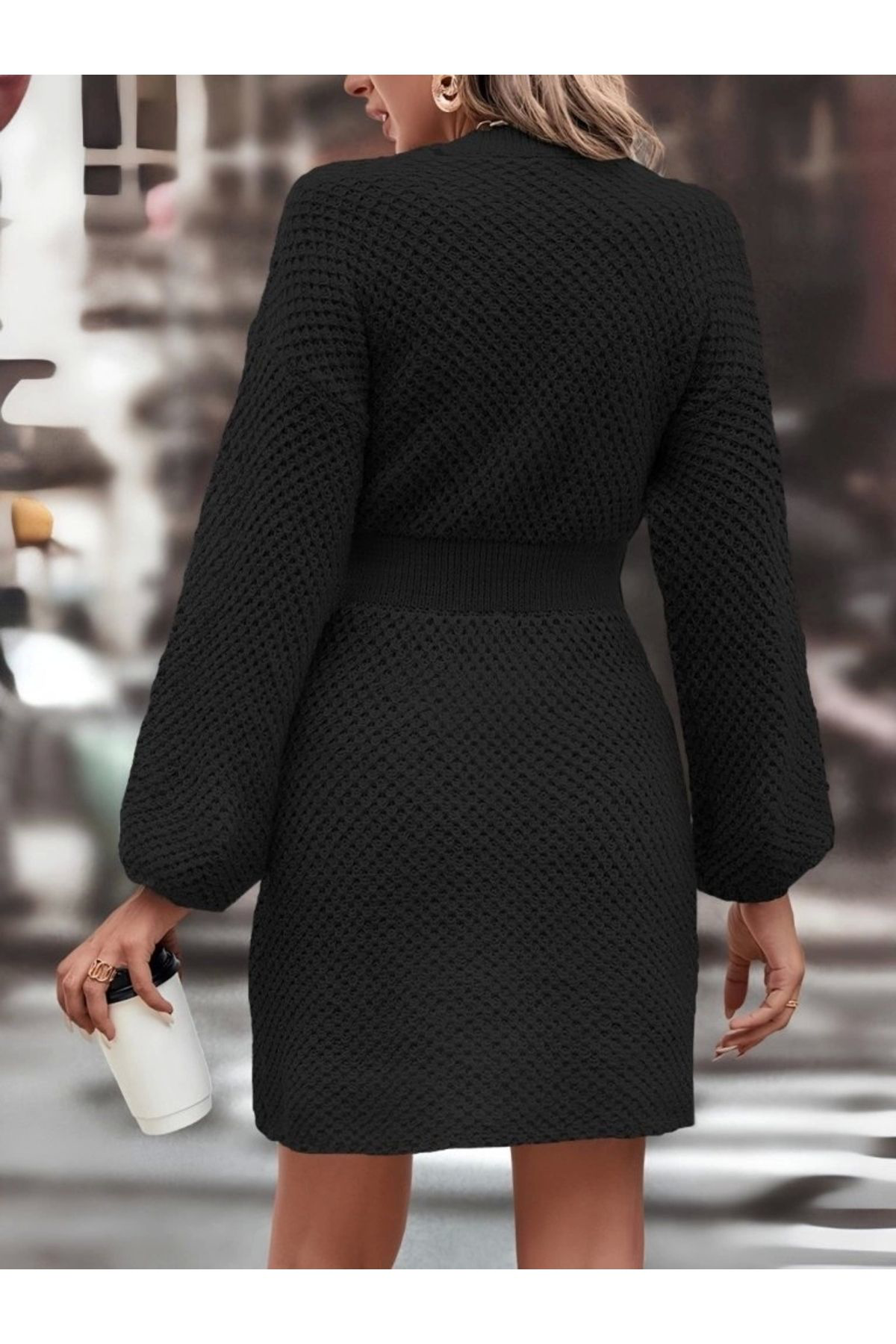 Kadın Uzun Kollu Bisiklet Yaka Balon Kol Bel Lastik Detay Triko M