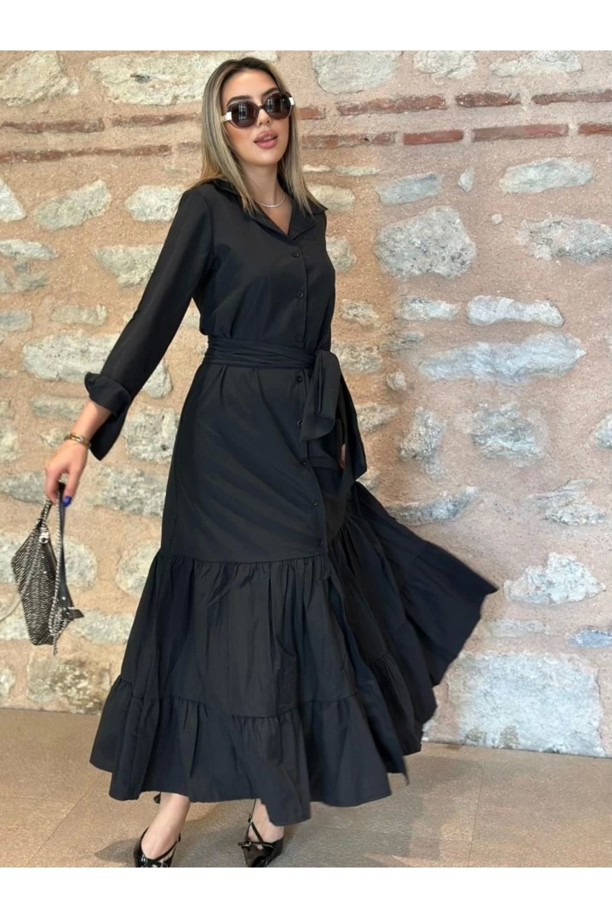 Kadın Uzun Kollu Eteği Fırfırlı Beli Kuşaklı Trikoton Tam Boy Göm