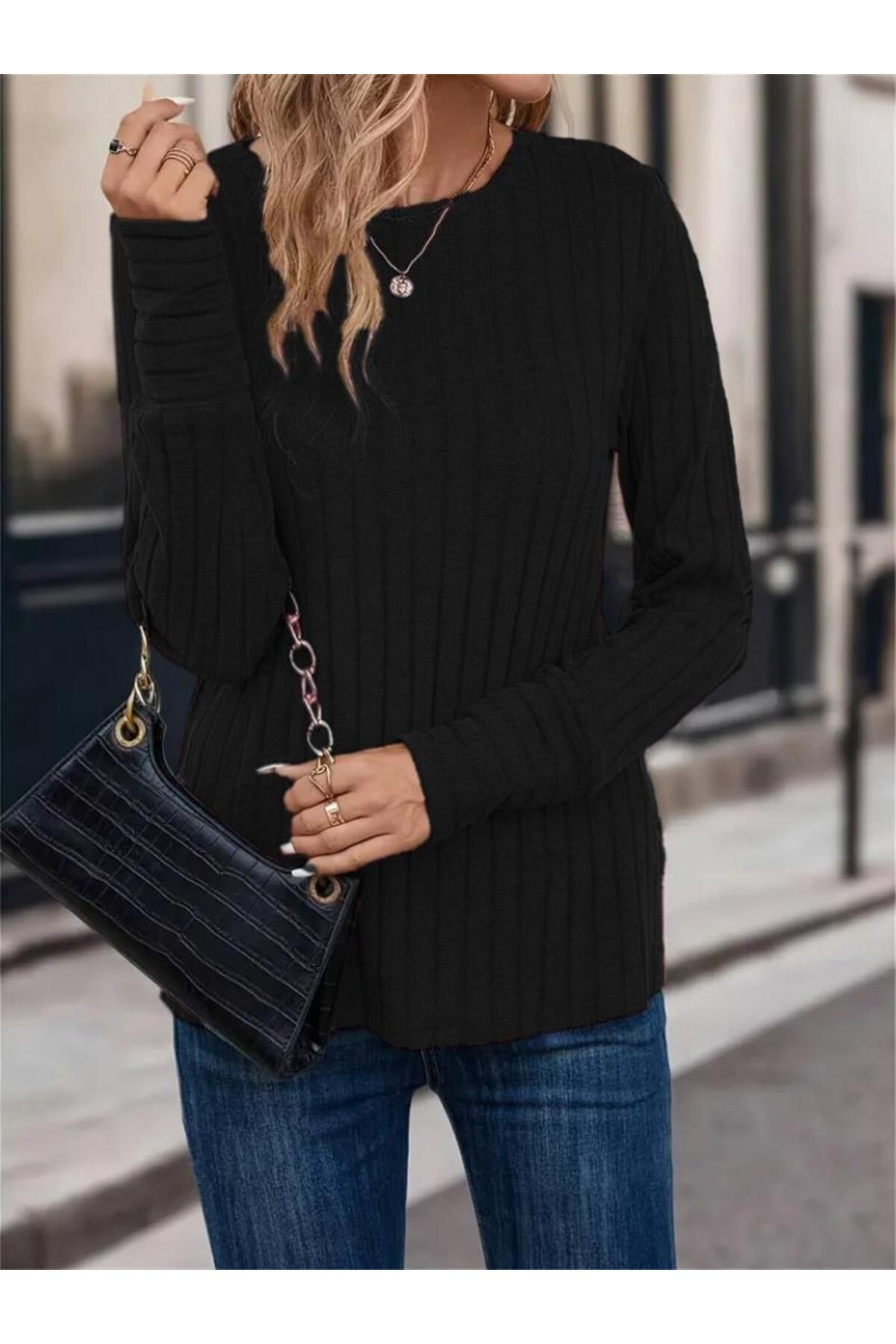 Kadın Uzun Kollu Bisiklet Yaka şardonlu Kaşkorse Bluz