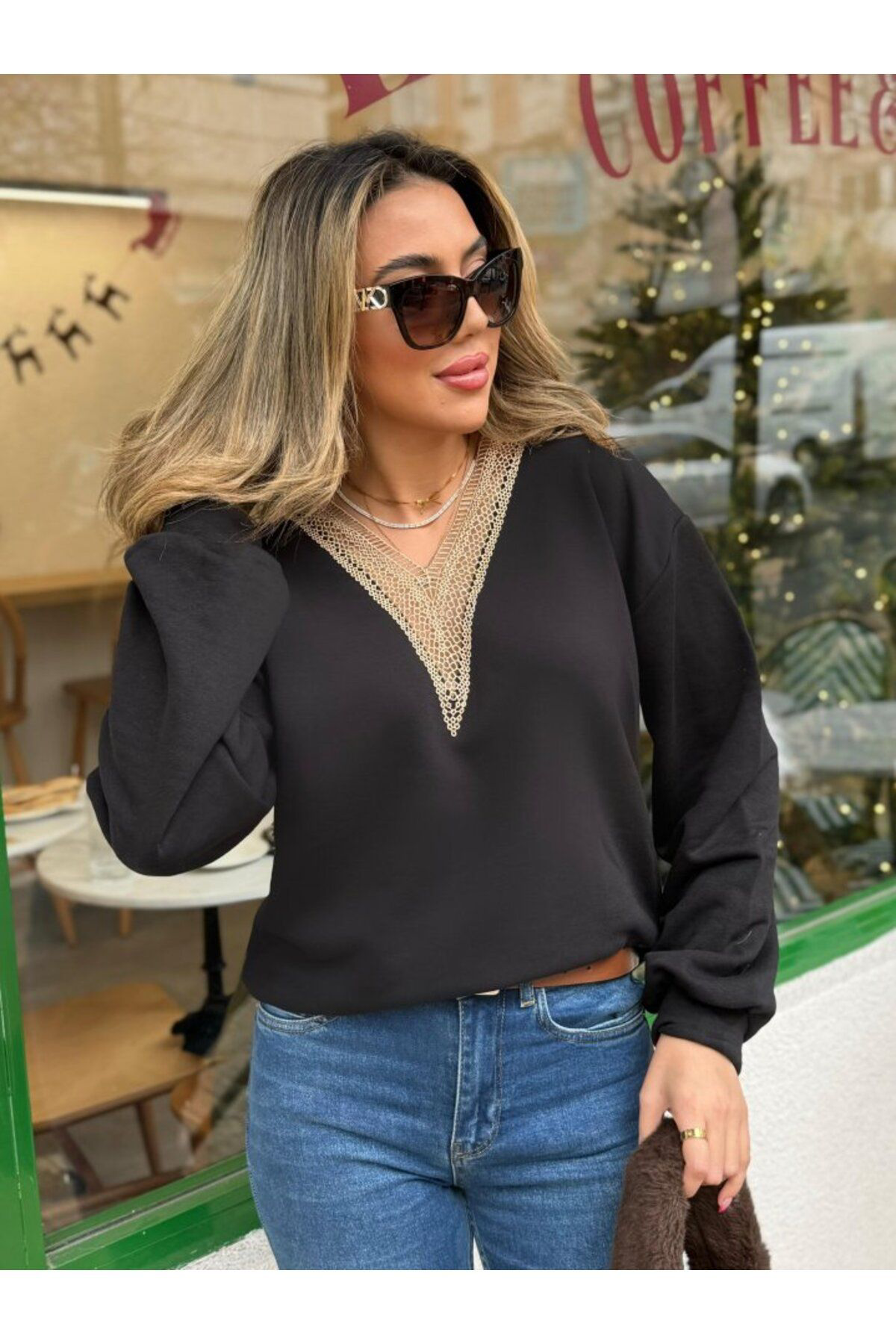 Kadın Uzun Kollu V Dantel Yaka şardonsuz üç Iplik Bluz