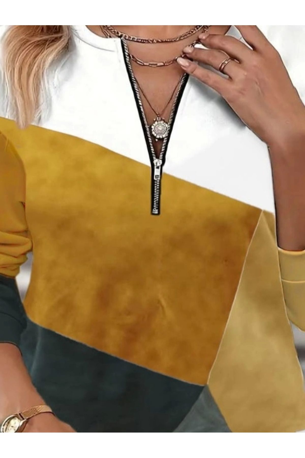 Kadın Uzun Kollu Önden Fermuar Detaylı Desenli Şardonlu Dalgıç Bl