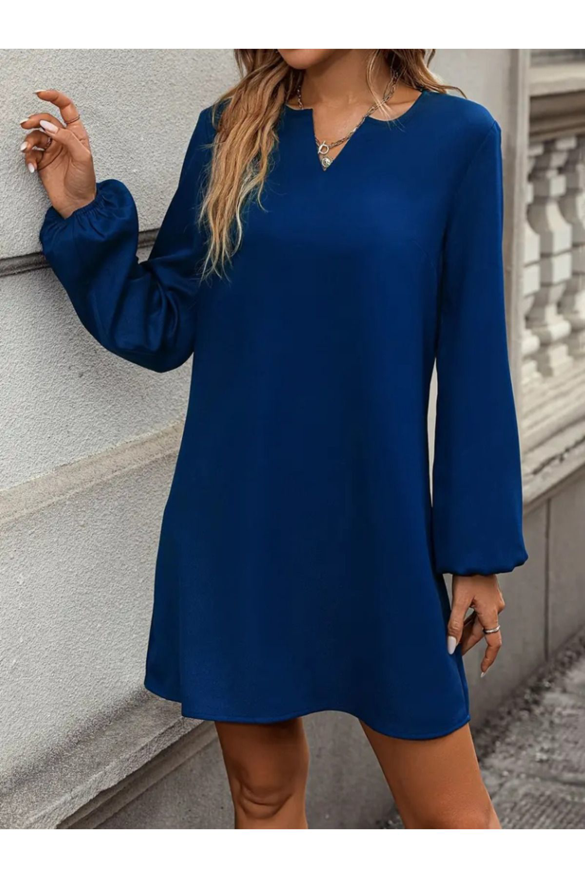 Kadın Uzun Kollu V Yakalı Salaş Ithal Krep Elbise