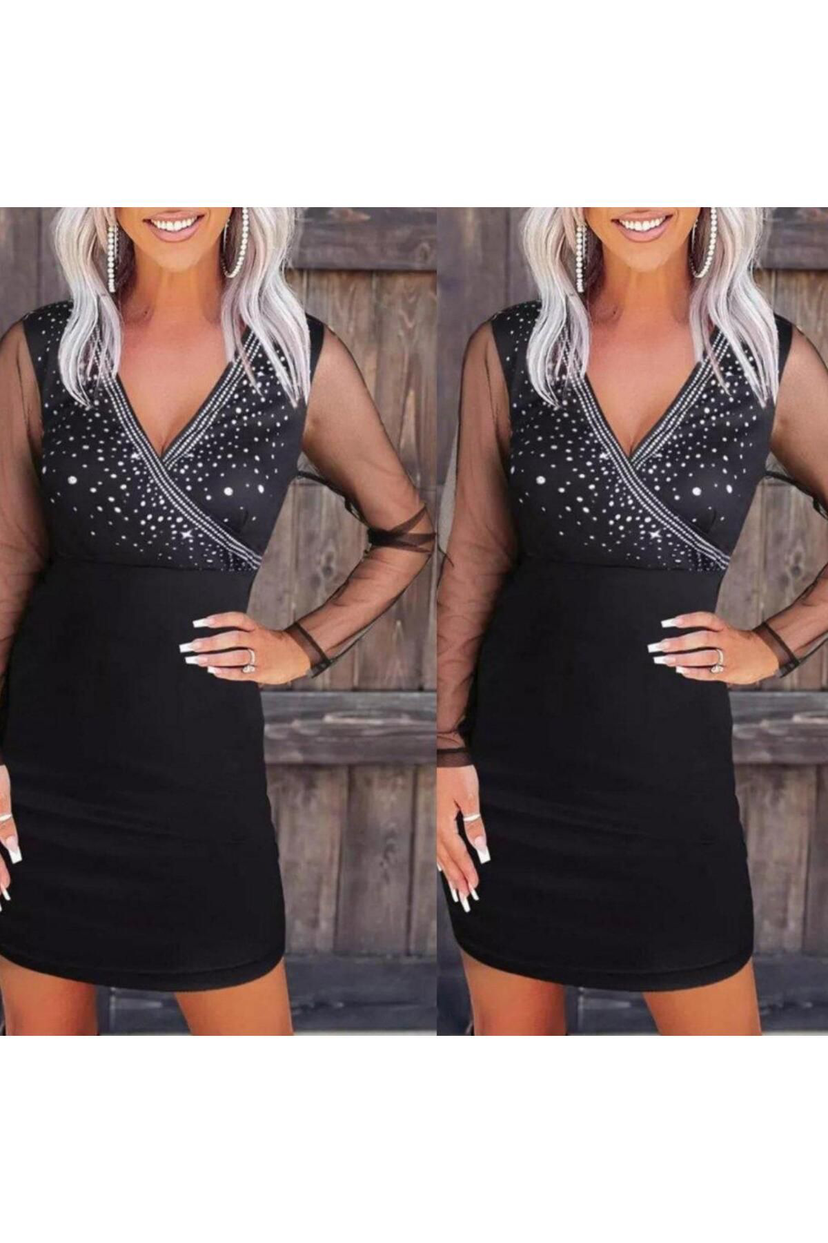 Gökyüzü Moda Kadin Uzun Kollu Kruvaze Yaka Üst Kisim Taşli Detay Krep Mini Boy