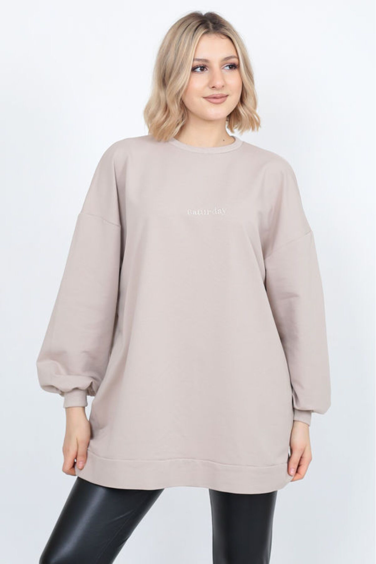 Hebb Club Kadın Uzun Kollu Oversize Sweatshirt Nakişli