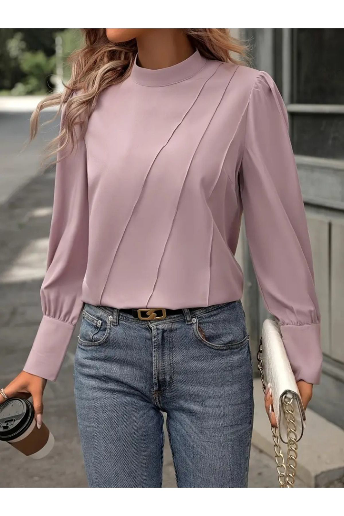 Kadın Uzun Kollu Balıkçı Yaka önden Dikişli Dokuma Bluz