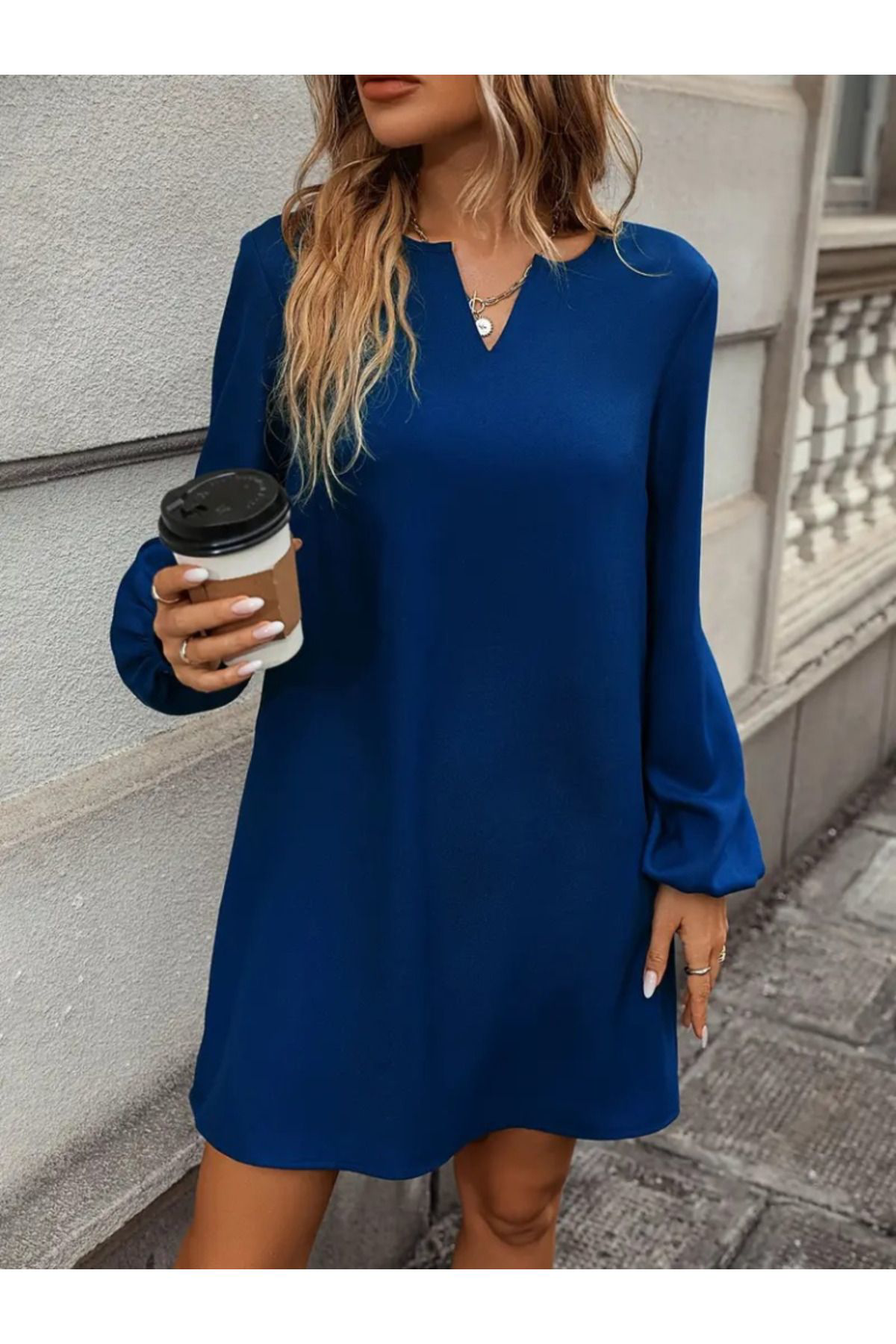 Kadın Uzun Kollu V Yakalı Salaş Ithal Krep Elbise