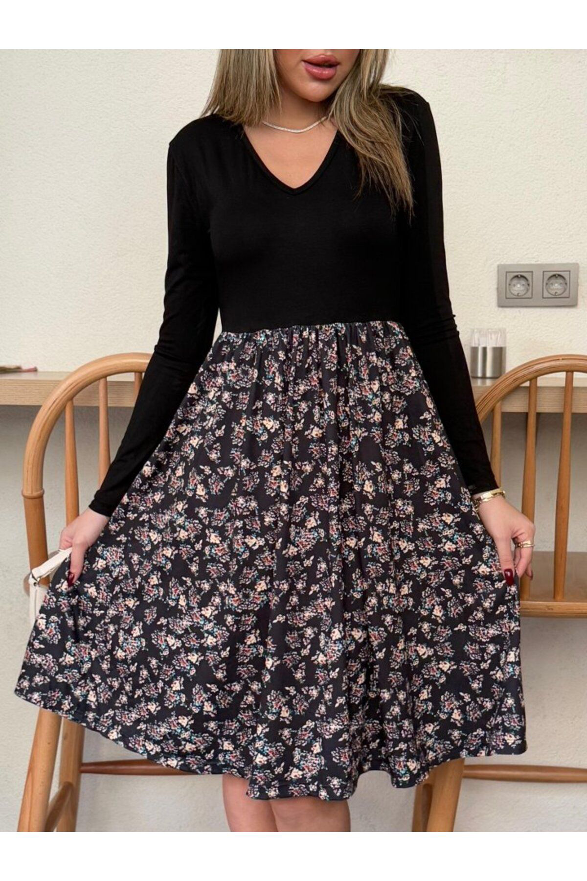 Kadın Uzun Kollu V Yakalı üst Viskon Alt çiçek Desenli Süprem Kıs