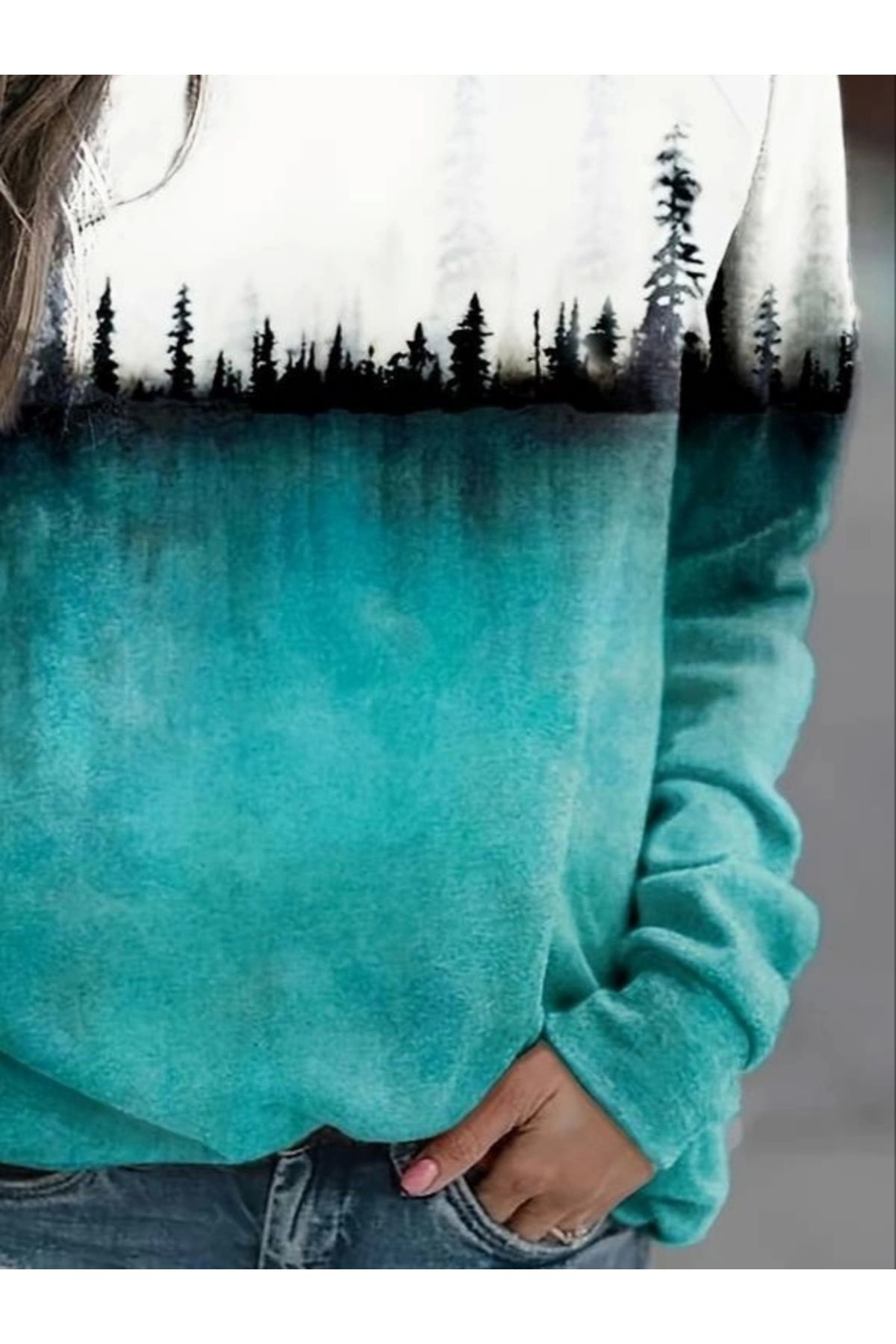 Kadın Uzun Kollu Baskılı Şardonlu Dalgıç Bluz