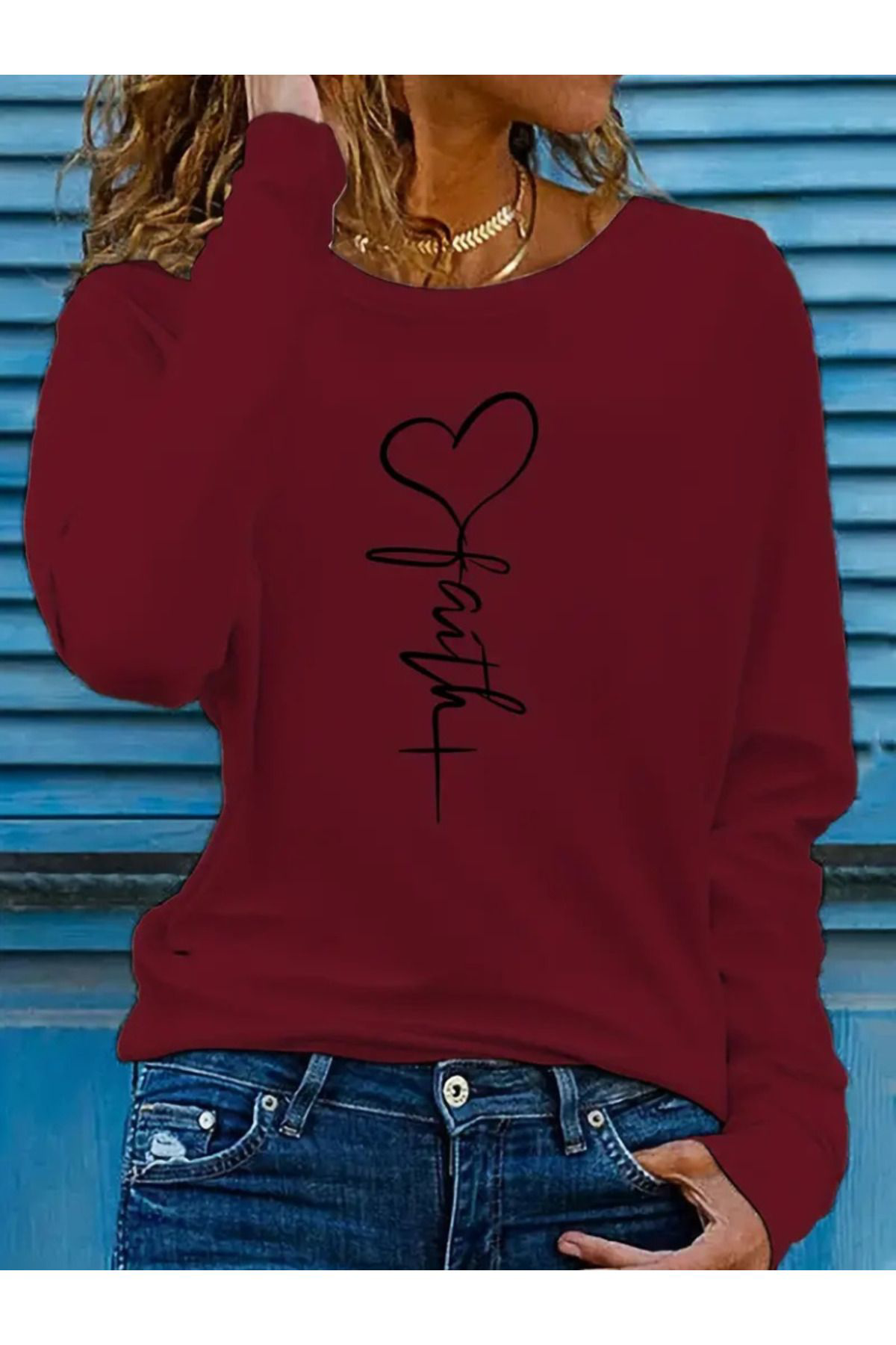 Molli Kadin Uzun Kollu Bisiklet Yaka Faith Baskili Viskon Bluz