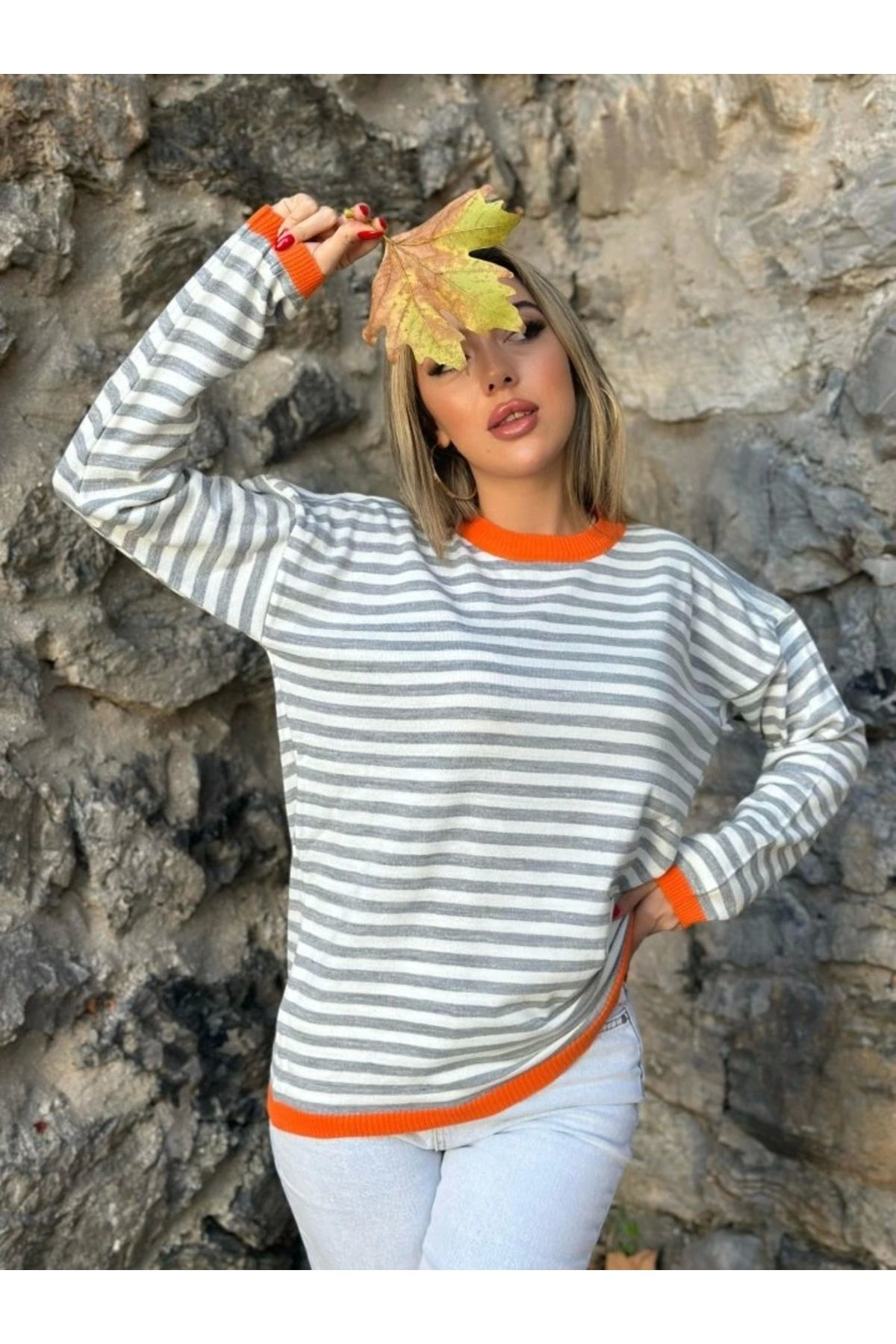 Kadın Uzun Kollu Bisiklet Yaka çizgi Desenli Triko Bluz