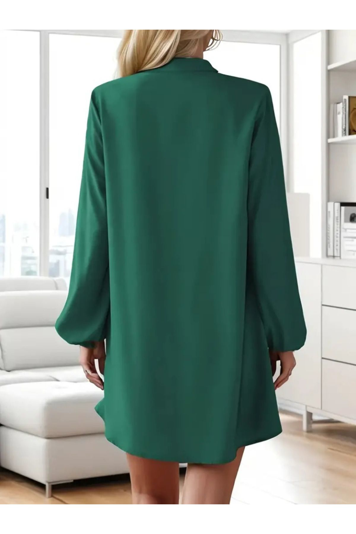 Kadın Uzun Kollu V Yakalı önden Düğmeli Kısa Sandy Elbise