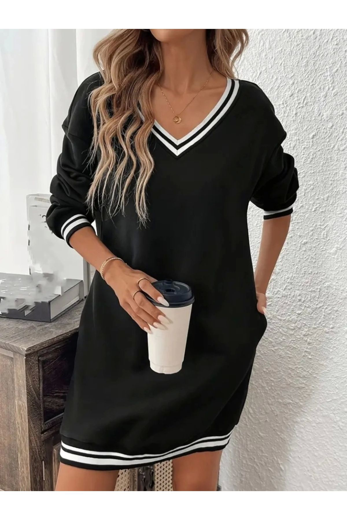 Kadın Uzun Kollu V Yakalı şerit Detaylı Kısa Viskon Iki Iplik Elb