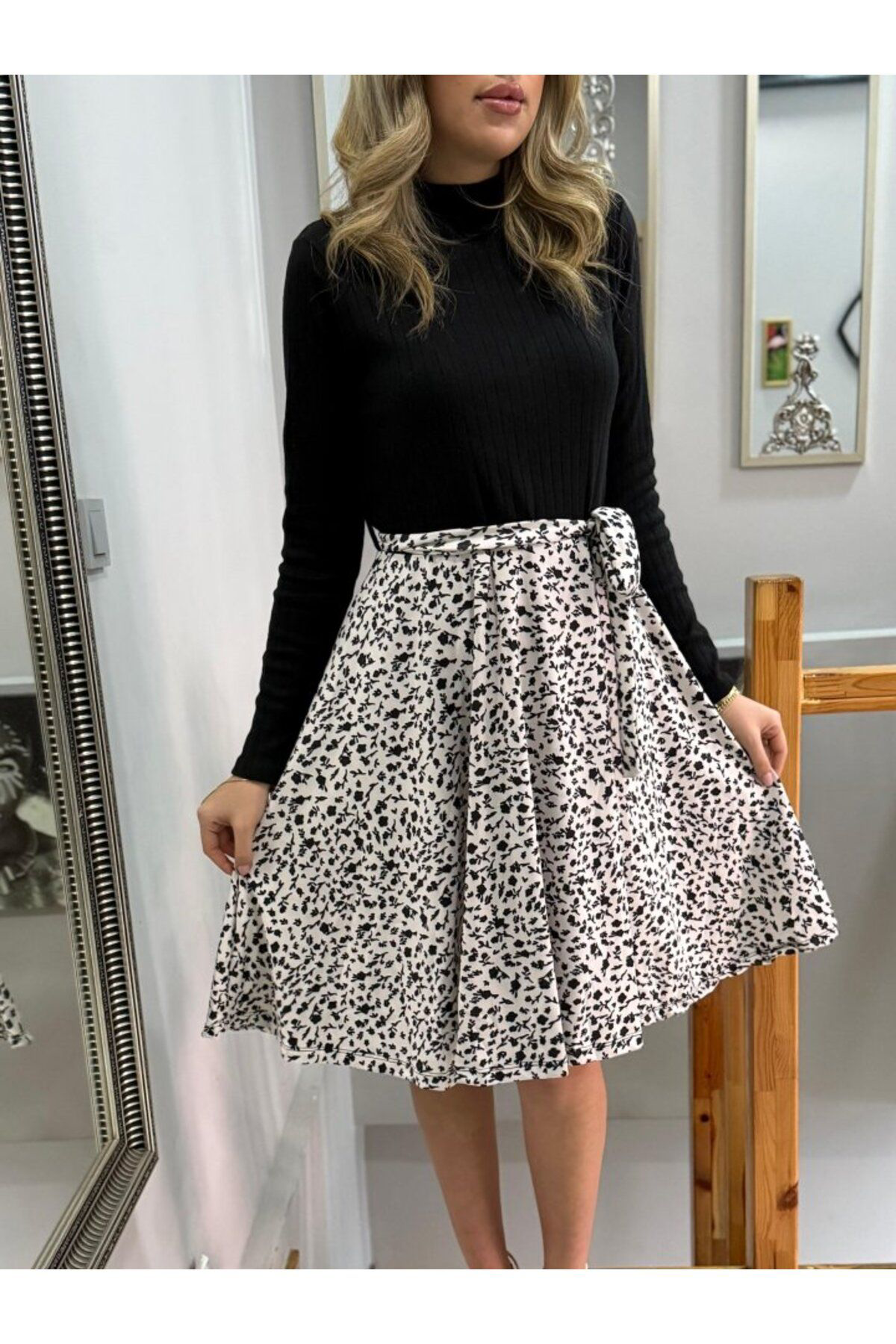 Kadın Uzun Kollu Balıkçı Yaka Belden Bağlamalı üst Kaşkorse Eteği