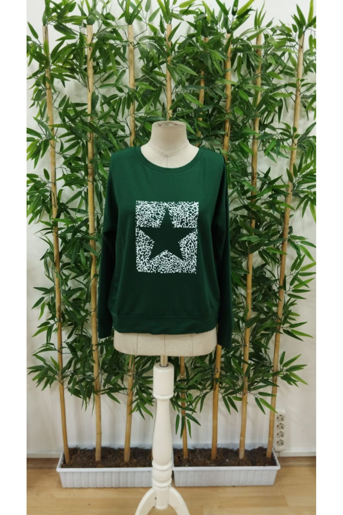 Creis Kadin Uzun Kollu Bisiklet Yaka Desenli Viskon İki İplik Bluz