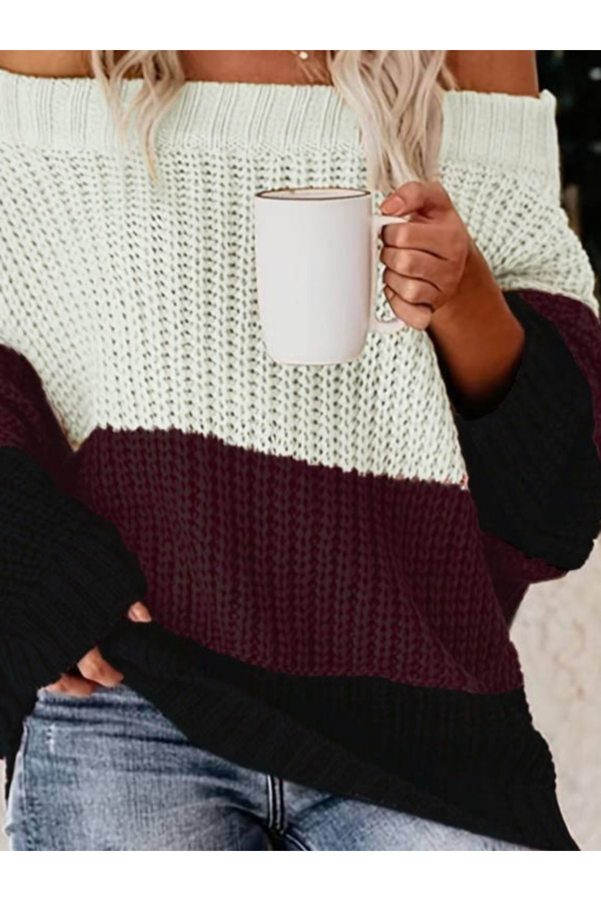 Kadın Uzun Kollu Madonna Yaka çizgi Desenli Salaş Triko