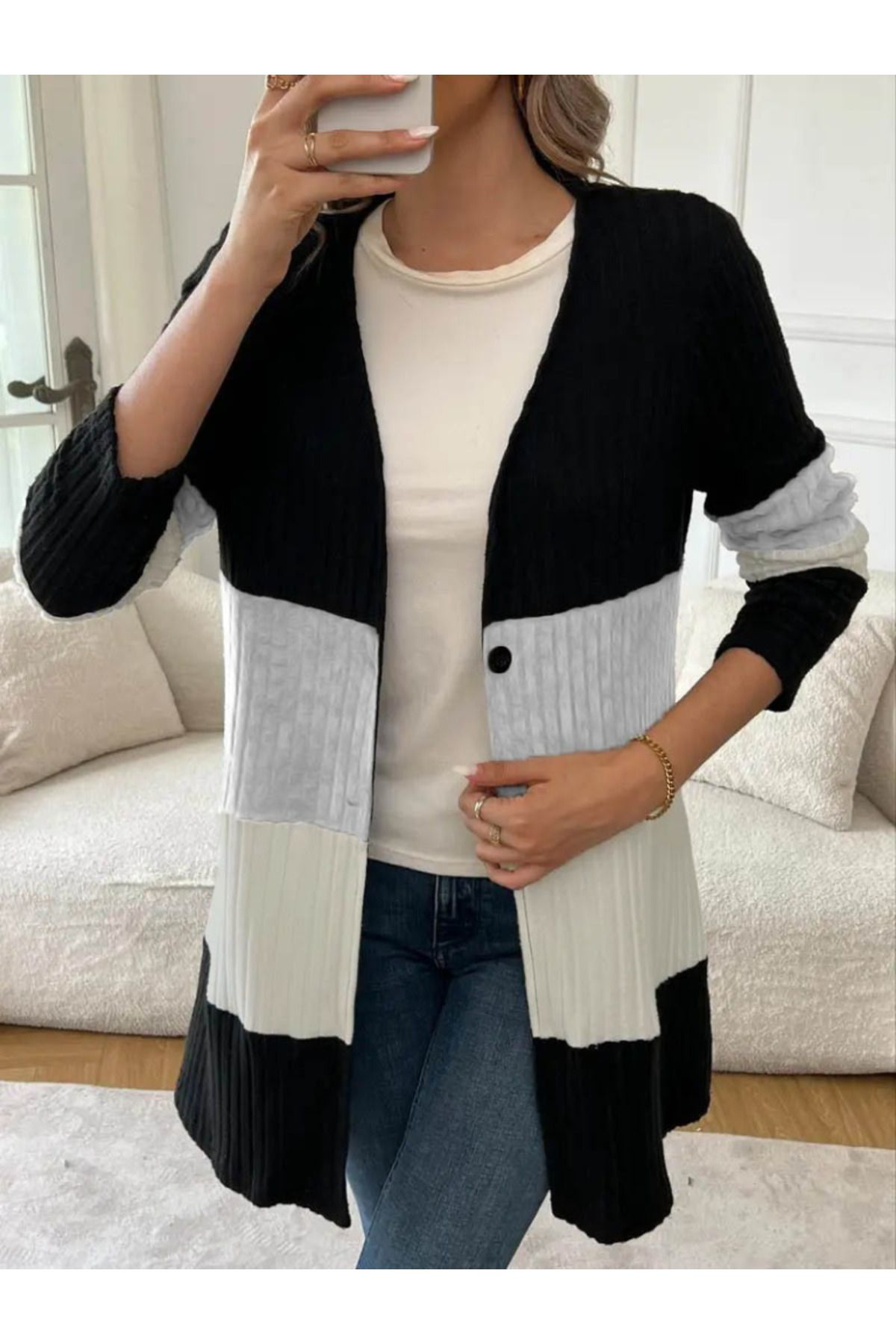 Beste Gürel Kadin Uzun Kollu Çok Renkli Önden Düğmeli Uzun Kişlik Ceket