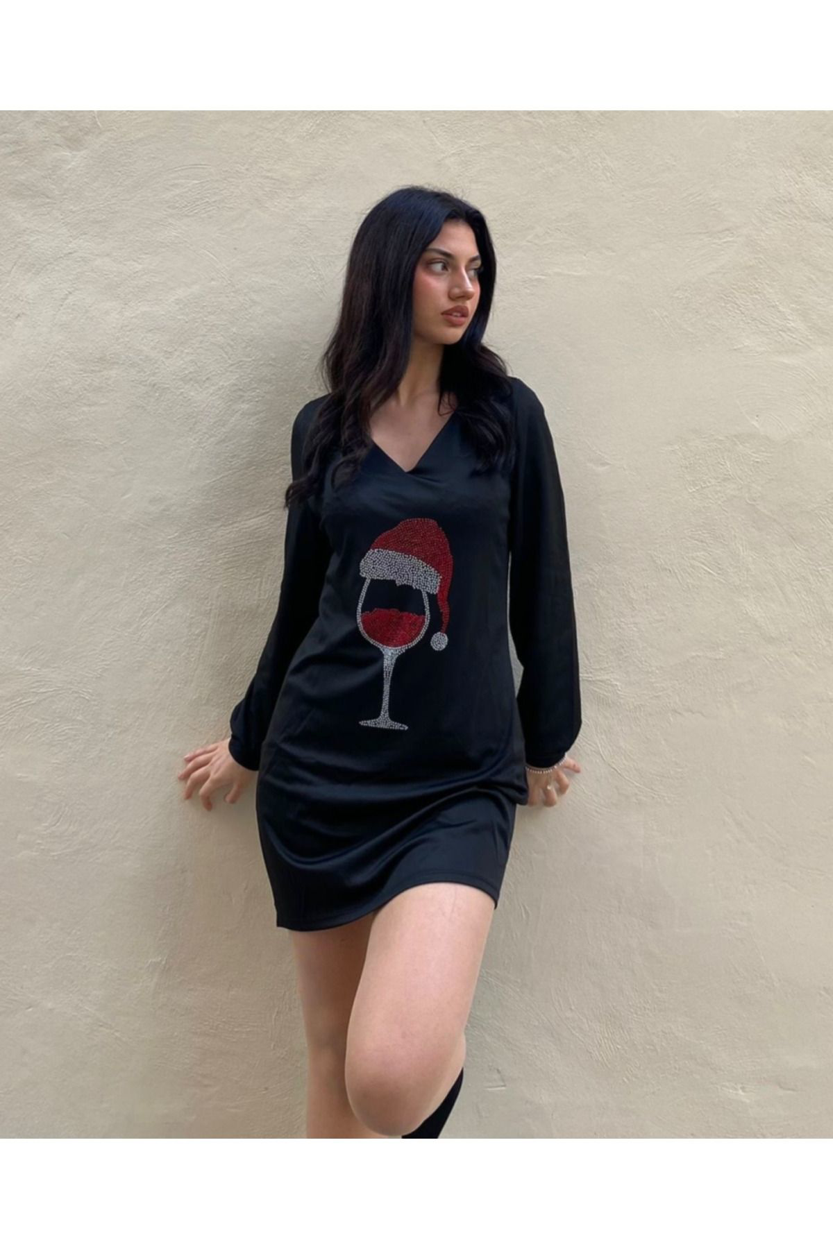 Kadın Uzun Kollu V Yaka Baskılı Dalgıç Kumaş Elbise