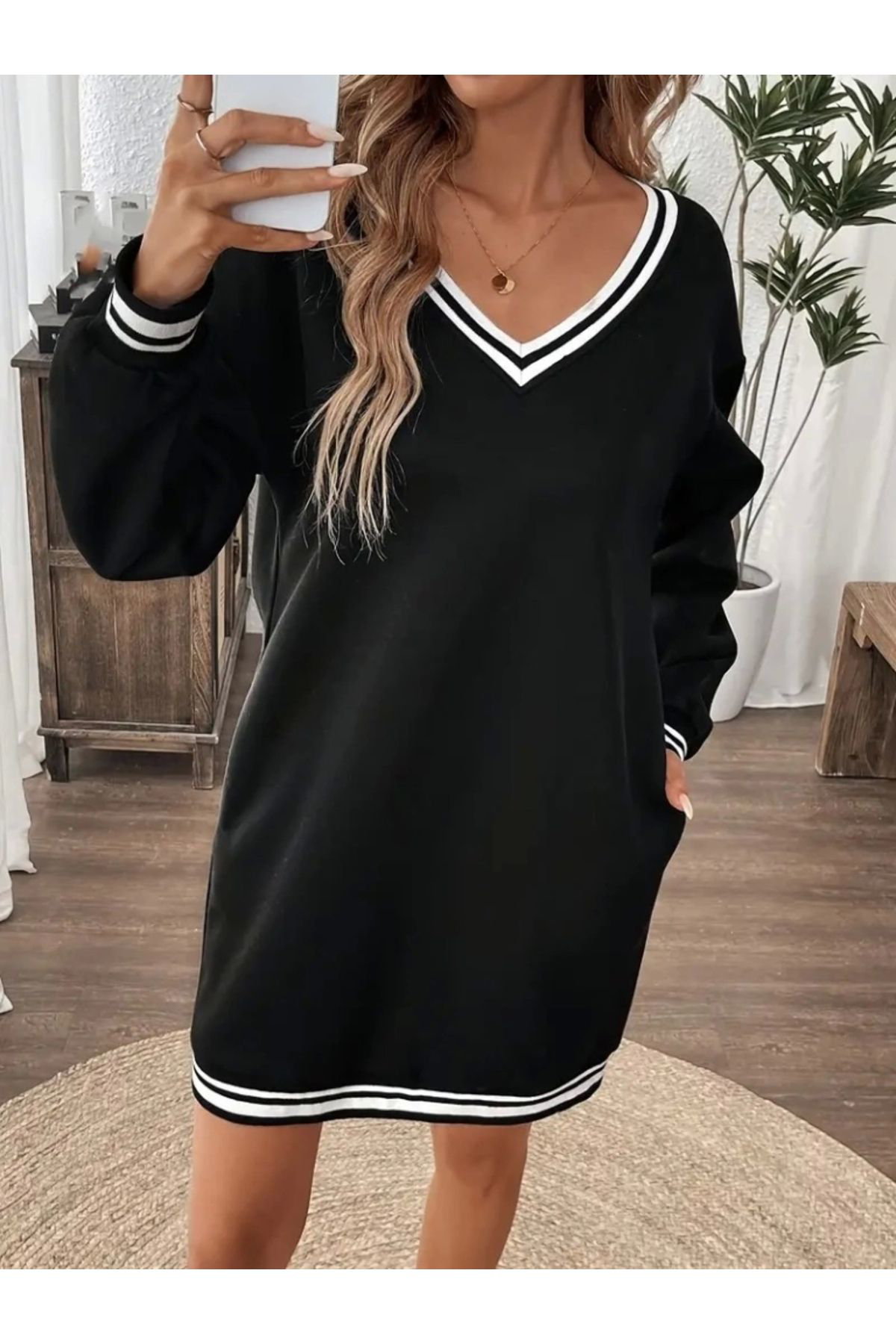 Kadın Uzun Kollu V Yakalı şerit Detaylı Kısa Viskon Iki Iplik Elb