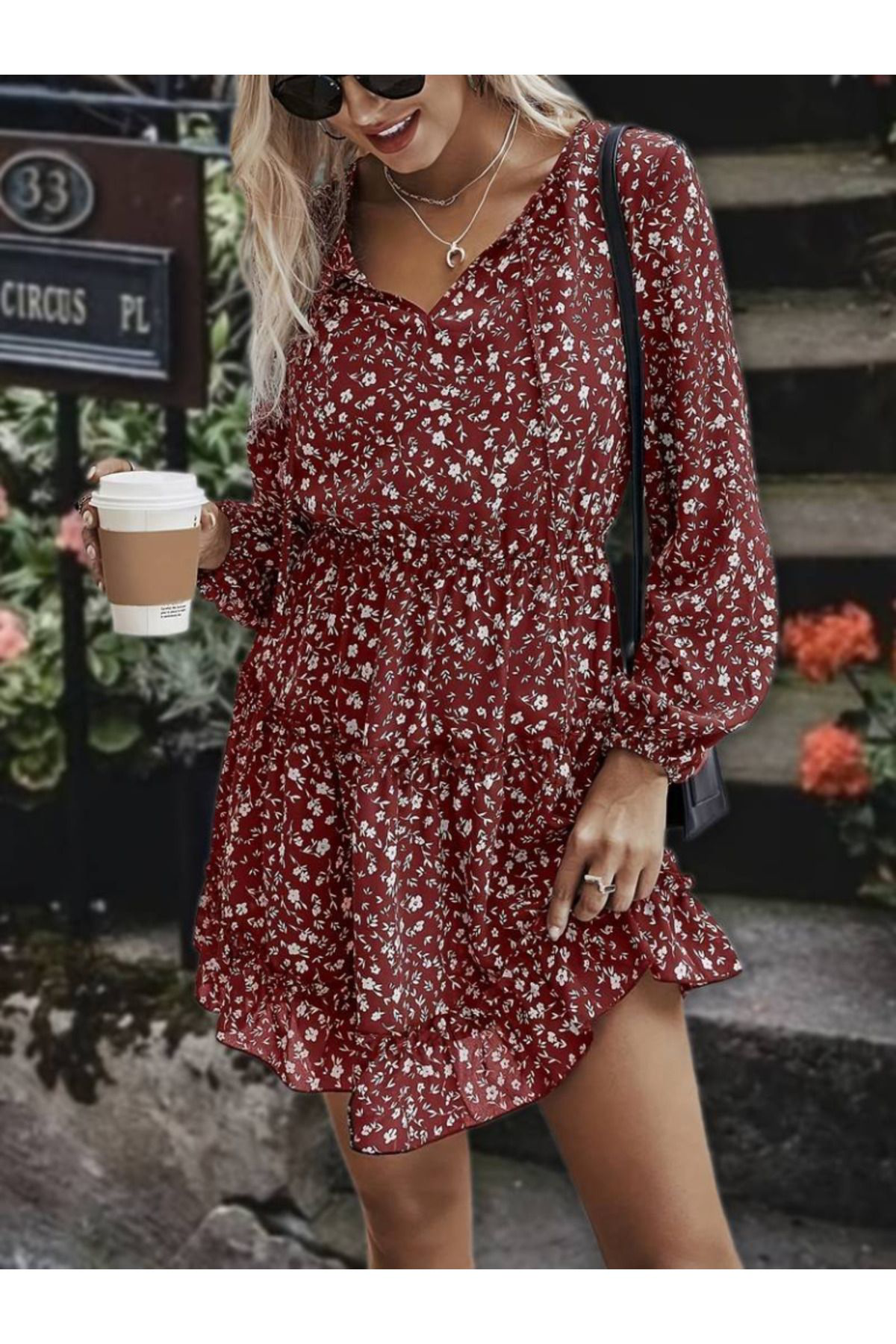 Kadın Uzun Kollu V Yaka Bağcıklı Belden Gipeli çiçek Baskılı Kısa